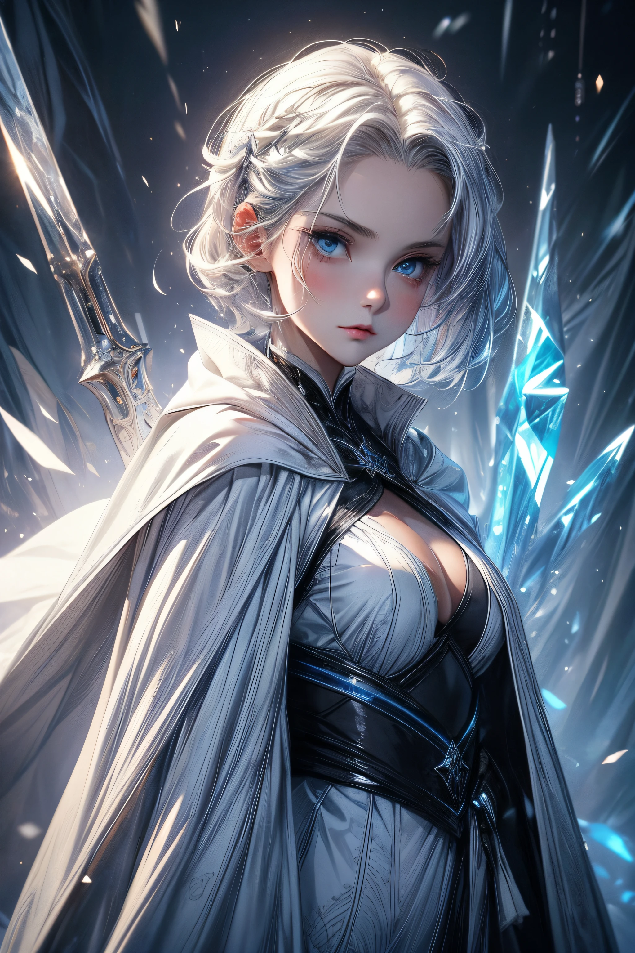 (a)woman,young,19 years old,shorthair white hair,(shorthair:white hair:1.1),skin as white as snow,cold gaze,black clothes,[grey robe],cape,half body,(background:blue lights),(blue-eyed:crystal eyes),(ice blue eyes),(icy:blue eyes),(intense:blue eyes),(crystal clear eyes),(intense gaze),(sharp gaze),(piercing gaze)