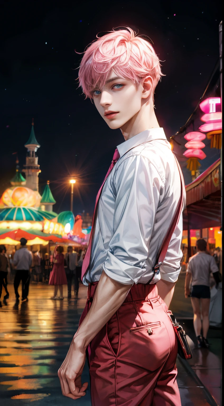 (Best Quality, masutepiece), An amusement park, Pink shorthair, beautiful boy, symmetrically drawn eyes, Night