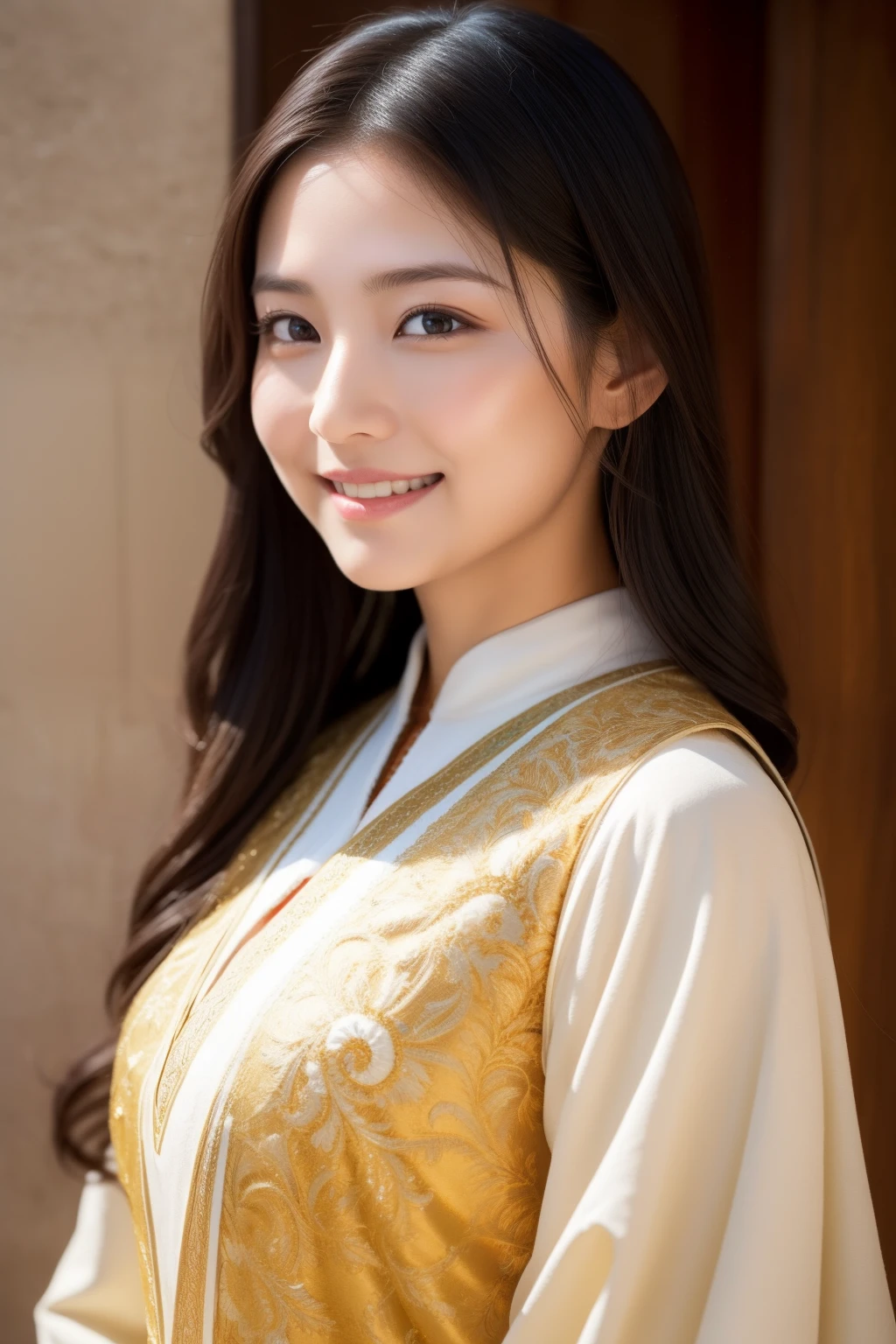 Absurd, Ultra-detailed, High quality, masutepiece, Detailed face, Beautiful eyes(Detailed eyes), hestia, Goddess of the hearth and house, Gentle and elegant, The face exudes warmth and tenderness, Eyes described as soft and joyful, maintain a calm and steady gaze, Black hair color , The golden hue of her hair is、Reflects her role as the goddess of the furnace , Falling into gentle waves, Hair is decorated with simple floral accents, The overall appearance is simple and discreet, The fabric of her clothes is normal、Softly drawn in earth colors, Beauty is not found in extravagant ornaments, Her smile is calm and welcoming、Tibetan beauty、Tibetan national costume、snowscape、in mountains