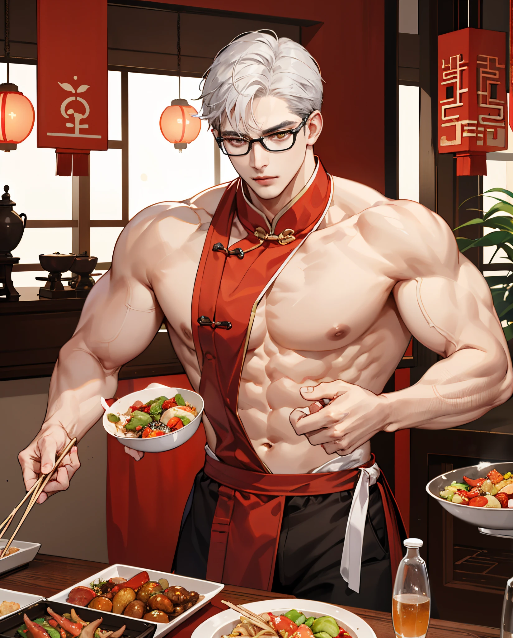 daddy,Age 55 years,Chinese cooking chef,Chinese,Fair-skinned,White Hair,Gray Hair,With tentacles,Tight muscles,Muscular figure,Wear glasses.,No shirt.,Wear fishnet G-string panties.,Pao Tung,Seated,Chinese Food,Chinese restaurant ·,China