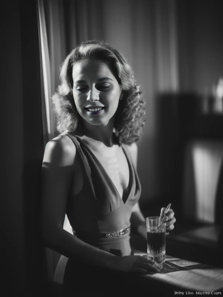 Rita Hayworth with wavy hair in a dance hall completely naked and smiling