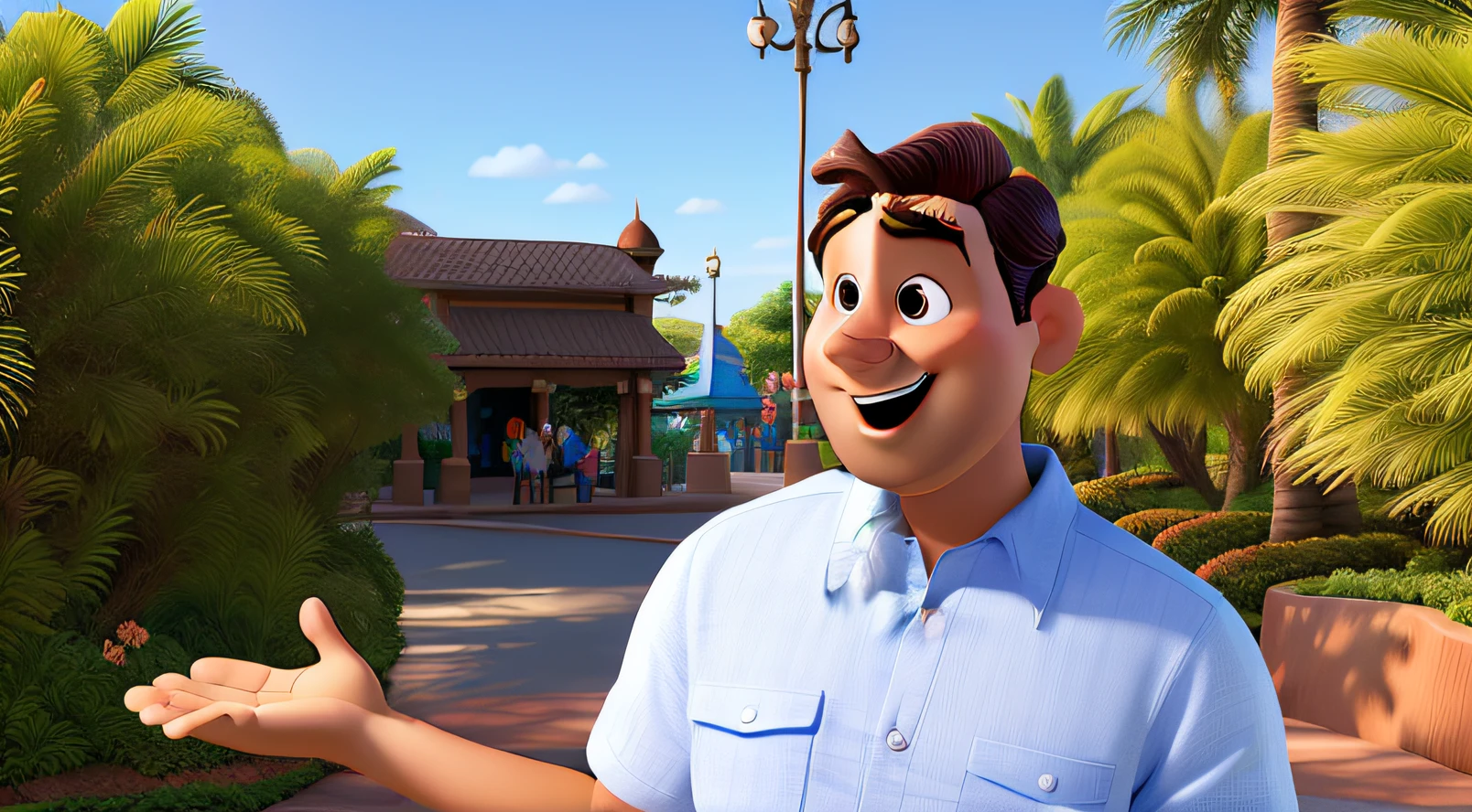Um homem estilo Disney Pixar, de boca aberta expressando estar surpreso, contra o pano de fundo da Disney em Orlando, alta qualidade, melhor qualidade