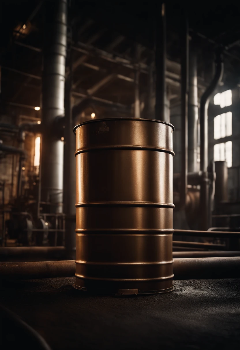 A high-resolution image of a barrel of oil against a backdrop of an industrial landscape, with pipes and machinery in the background, creating a visually immersive and atmospheric scene.