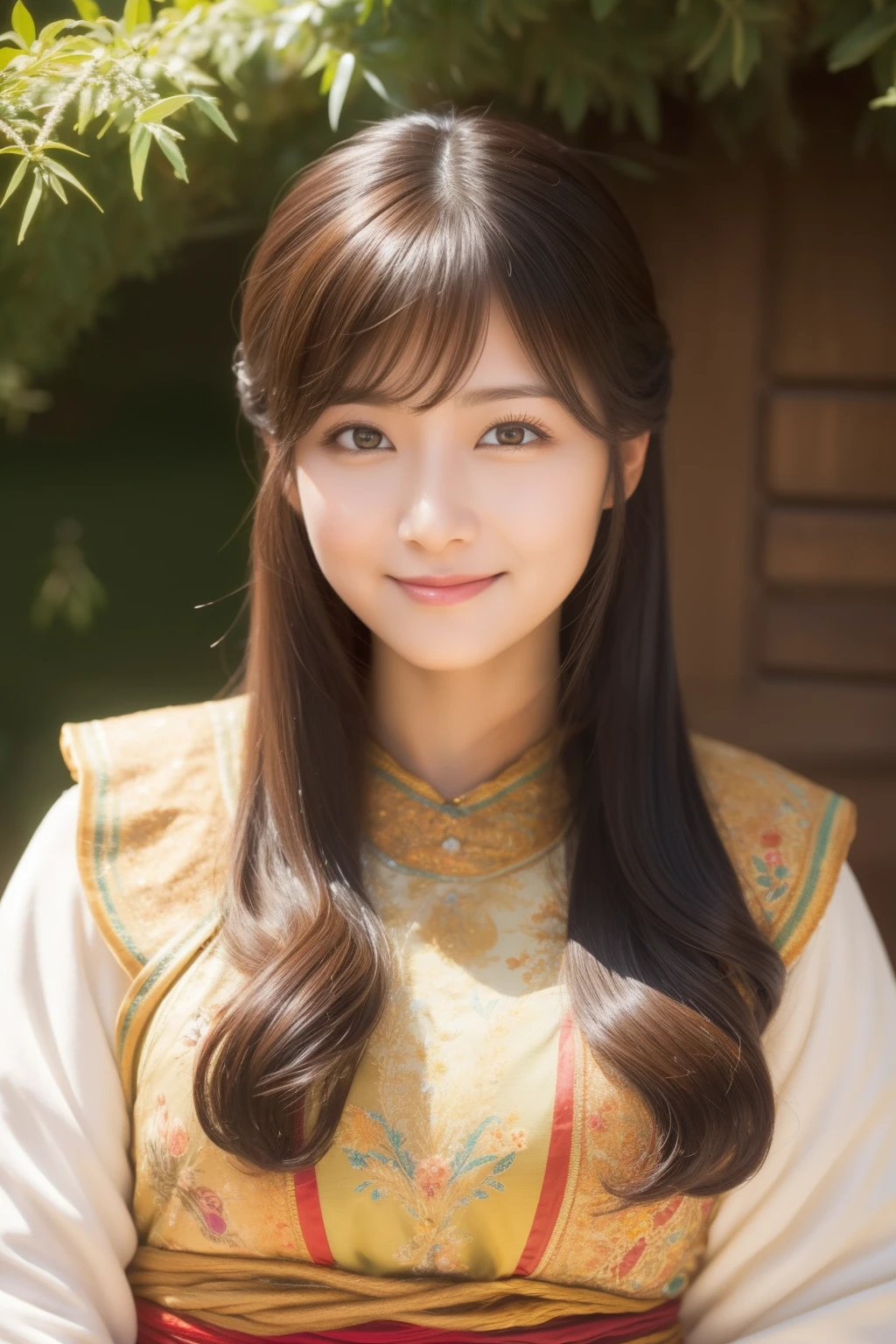 Absurd, Ultra-detailed, High quality, masutepiece, Detailed face, Beautiful eyes(Detailed eyes),  hestia, Goddess of the hearth and house, Gentle and elegant, The face exudes warmth and tenderness, They are said to have soft and happy eyes., maintain a calm and steady gaze, Black hair color , The golden hue of her hair is、Reflects her role as the goddess of the furnace , Falling into gentle waves, Hair is decorated with simple floral accents, The overall appearance is simple and discreet, The fabric of the clothes is normal、Gently drawn in earth colors, Beauty is not found in extravagant ornaments, Her smile is calm and welcoming、beauty of tibet、Tibetan national costume、snowscape、in mountains、playing with pandas