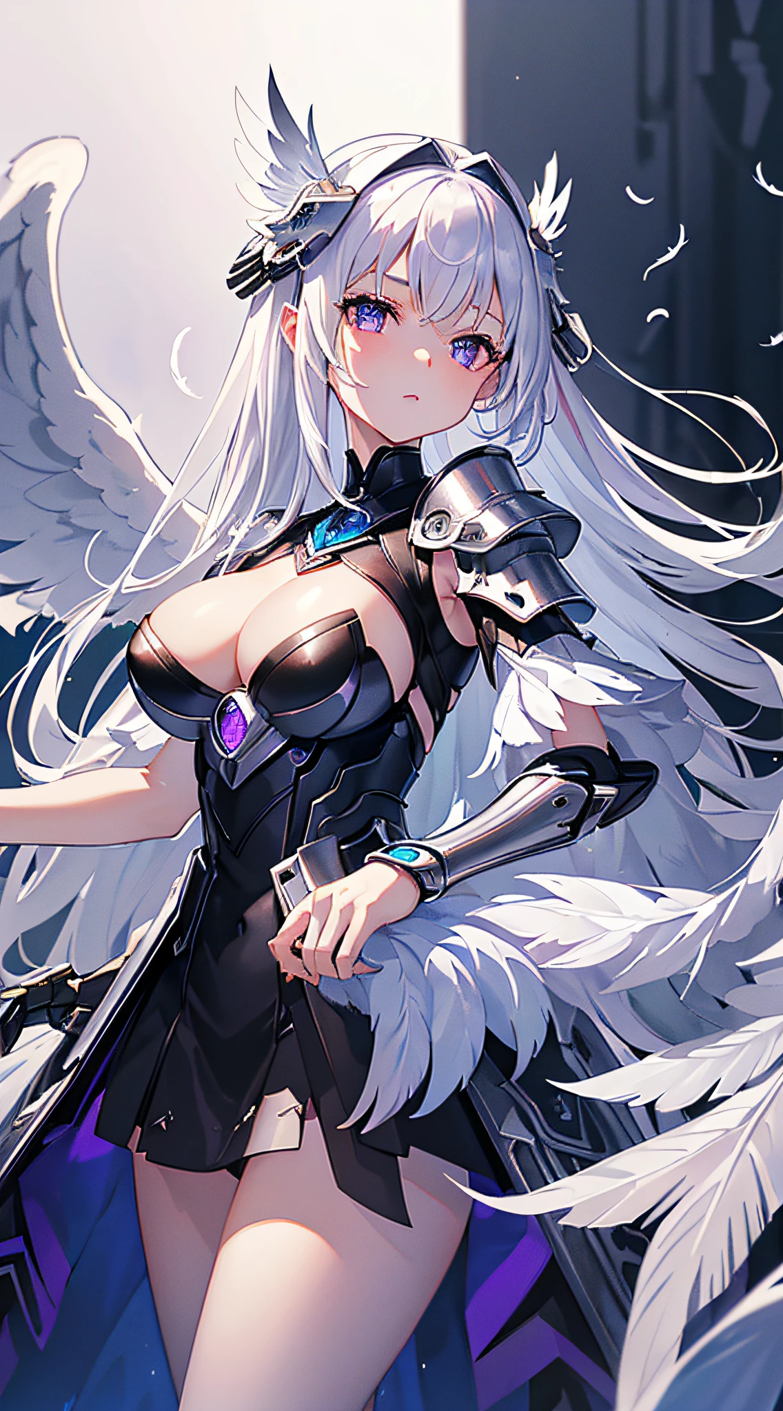 top-quality、Top image quality、masterpiece、girl with((Silver and black mechanical body armor、silver mechanical arm、silver leg arms、Shining red body line、sixteen years old、 ager、cute little、Best Bust、big bast,Beautiful shining purple eyes、Breasts wide open, white hair、black mechanical wings,Longhaire、A slender,Large valleys、belligerent movements)),hiquality、Beautiful Art、Background with((Midnight City、murky、fluttering white feathers)))、,masutepiece、depth of fields,Cinematic style