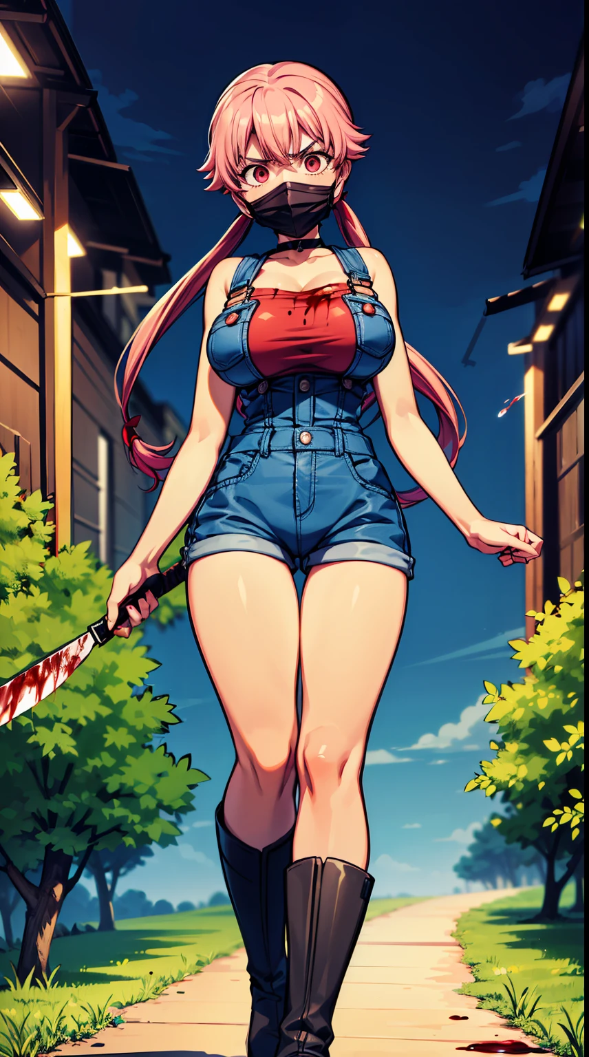 explicit, beautiful, amazing, high quality, detailed background, a woman with large breast in a woods, 1girl, breasts , , , pink hair, large breasts, twintails, long hair, solo focus, mirai nikki, black choker, dark grey overalls, leather gloves, black boots, ((face mask)), red eyes, chasing you through the woods, ((nigth)), crazy, ((crazy eyes)), ((crazy stare)) holding a bloody knife, (fanart of Gasai Yuno), (angry eyes:1.1), (perfect hands:1.4), (masterpiece), best quality, expressive eyes, VHS, ((nigth)), (Parfect Hand:1.3), 4k, 8k, 1980s, from below, (standing over you), wearing a jacket, (Blood:1.1)