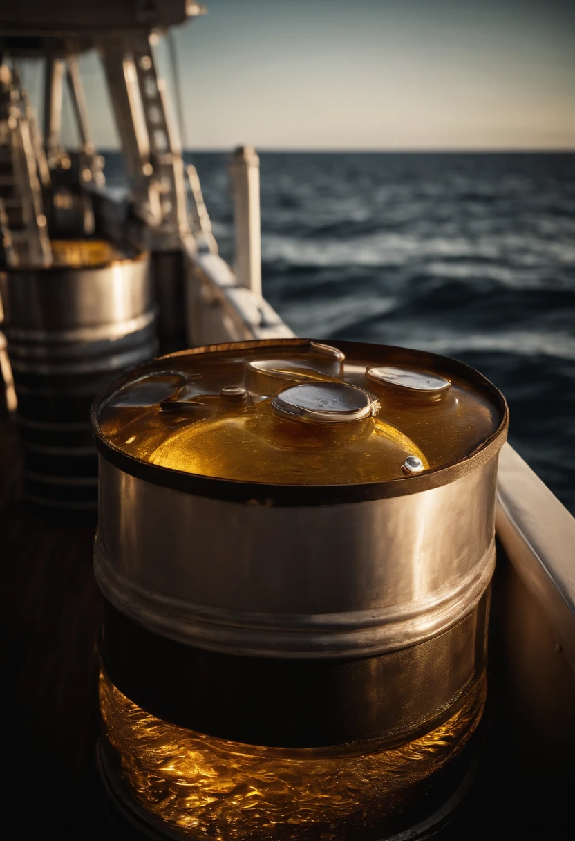 A visually stunning composition of a barrel of oil being transported on a ship, with the waters reflecting the sunlight and creating a visually captivating and dynamic image.