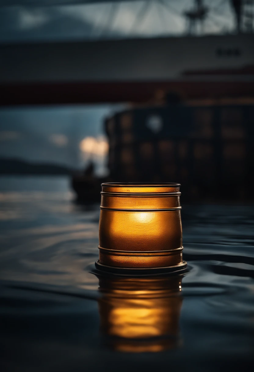 A visually stunning composition of a barrel of oil being transported on a ship, with the waters reflecting the sunlight and creating a visually captivating and dynamic image.