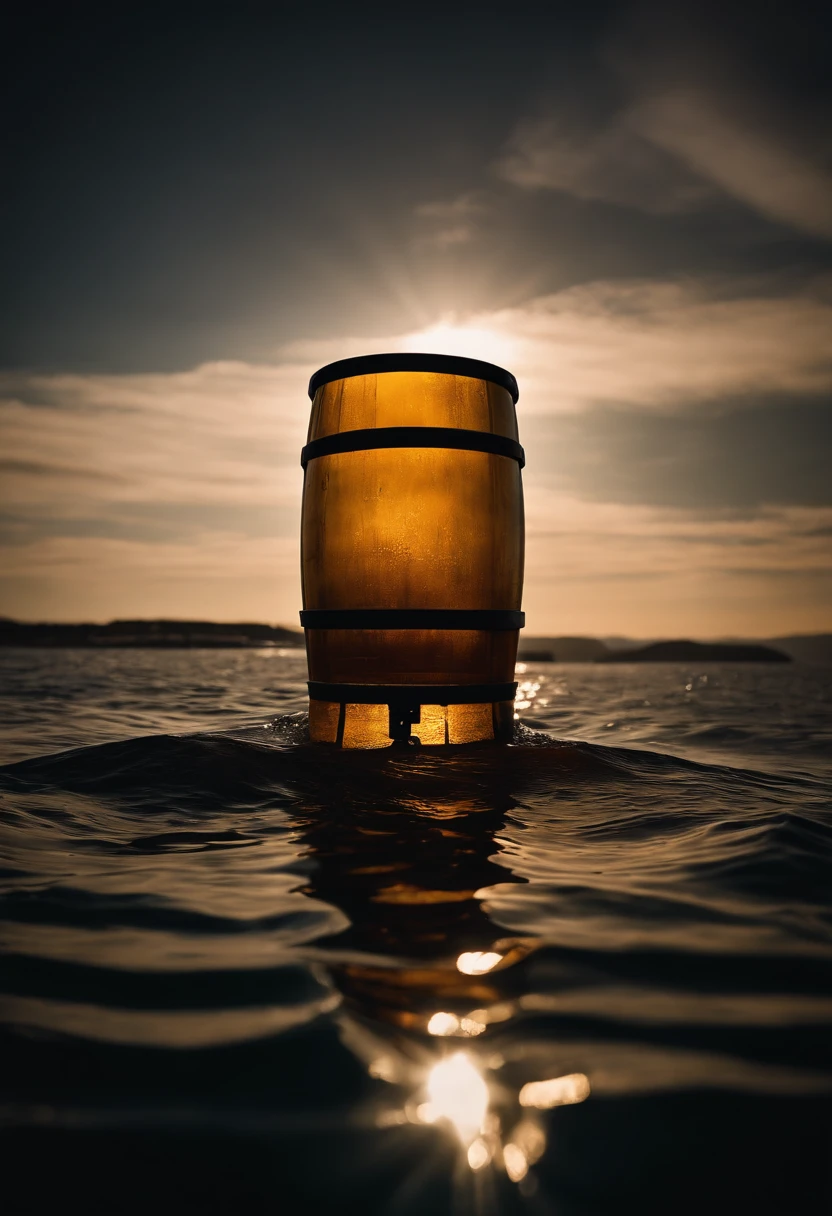 A visually stunning composition of a barrel of oil being transported on a ship, with the waters reflecting the sunlight and creating a visually captivating and dynamic image.