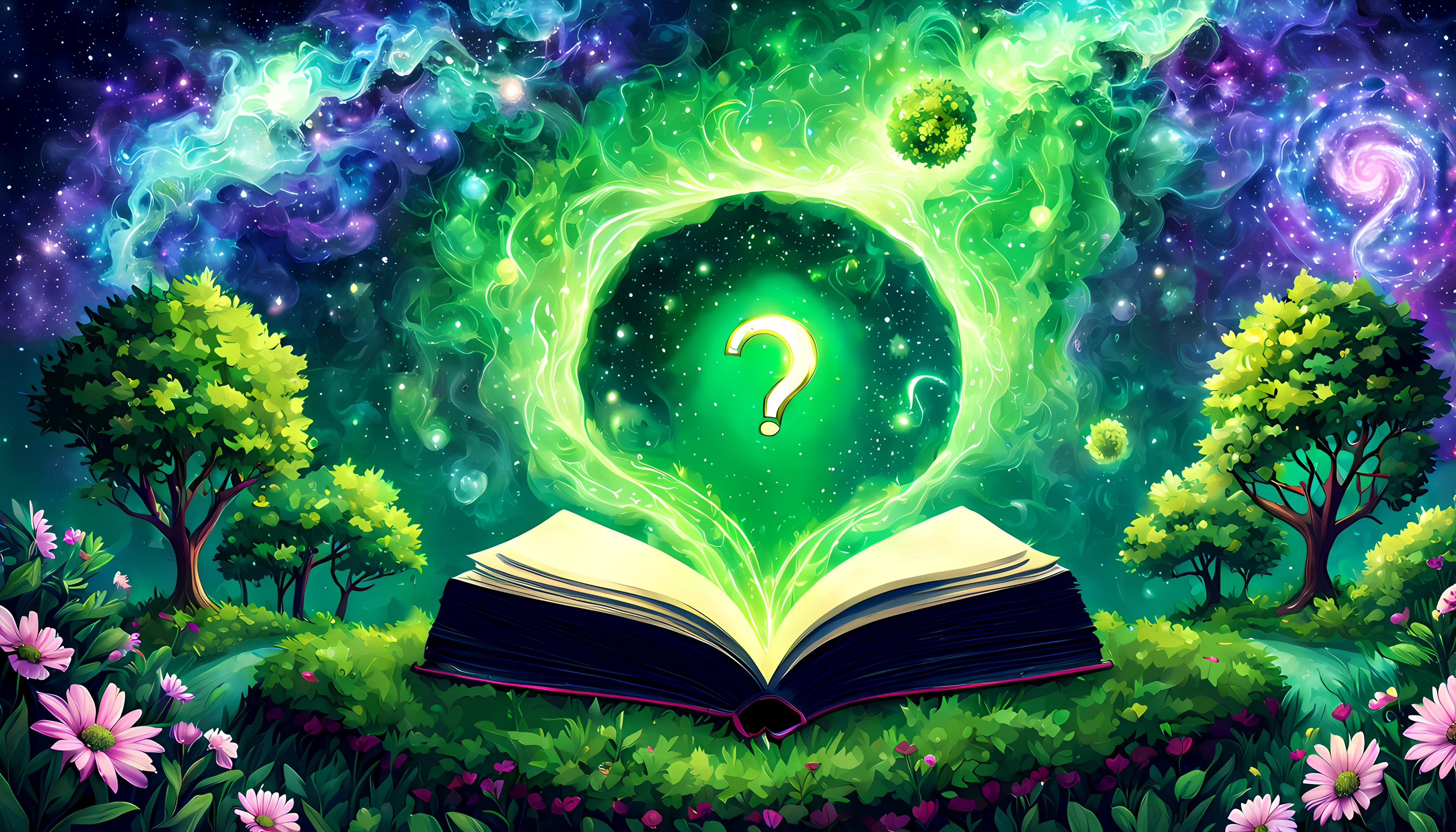 book cover, galaxy, question marks, ego, higher self, magic, transformation, no people, Cute green garden, no people