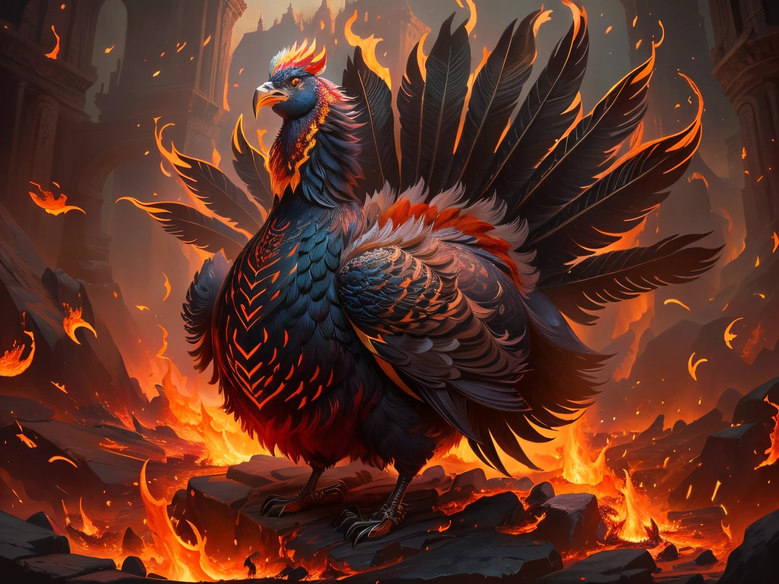 There is a turkey standing in the fire, 4k highly detailed digital art, fantasy art behance, 4k detailed digital art, Detailed digital 2D fantasy art, Fantasy turkey concept portrait, Beautiful digital artwork, 8K high quality detail art, epic fantasy digital art style, Behance Art Contest Winners, stunning digital illustration, detailed fantasy digital art
