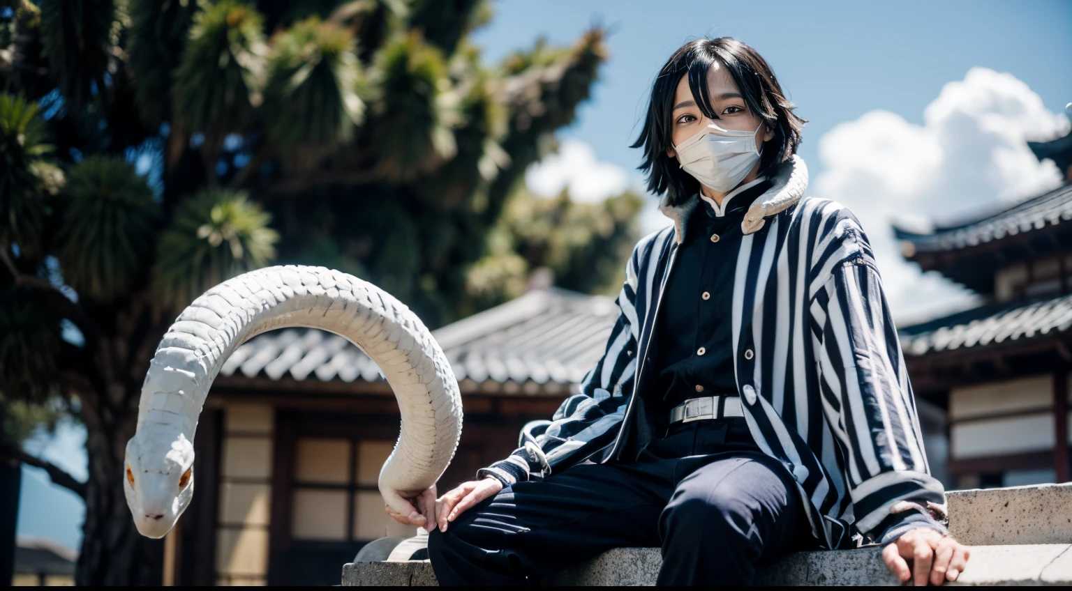 1boy, snake, heterochromia, black hair, male focus, snake, tree, yellow eyes, outdoors, blue eyes, japanese clothes, black pants, hair between eyes, wide sleeves, long sleeves, sky, demon slayer uniform, striped jacket, bangs, iguro obanai, sitting, [red eyes], cloudy sky