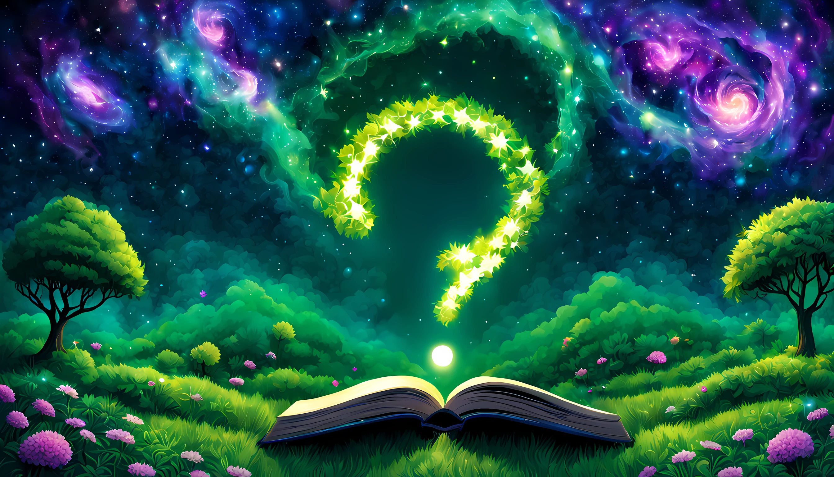 book cover, galaxy, question marks, ego, higher self, magic, transformation, no people, Cute green garden, no people