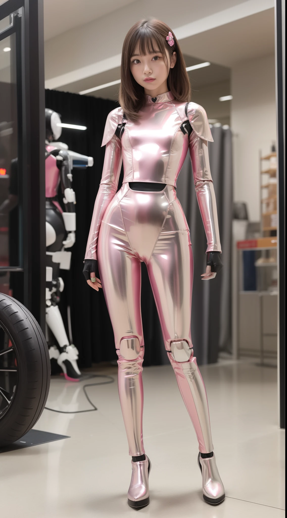 Robot Girl, pink there, Silver, Metallic body, Robot Parts, Metal Parts, Super Detailed Face, Super well-formed face, of the highest quality, a small face, a small head, Brown hair, Slender body, Camera gaze, Internal Mechanical Exposure, Idol, front facing, Well-proportioned body, sale, Exhibited, Event Hall, Moe Pose, pink metallic job interview suit machine armor, Standing with legs open, Model body type, sad, Embarrassing,(Perfect Robot Girl),(Perfect machine body)