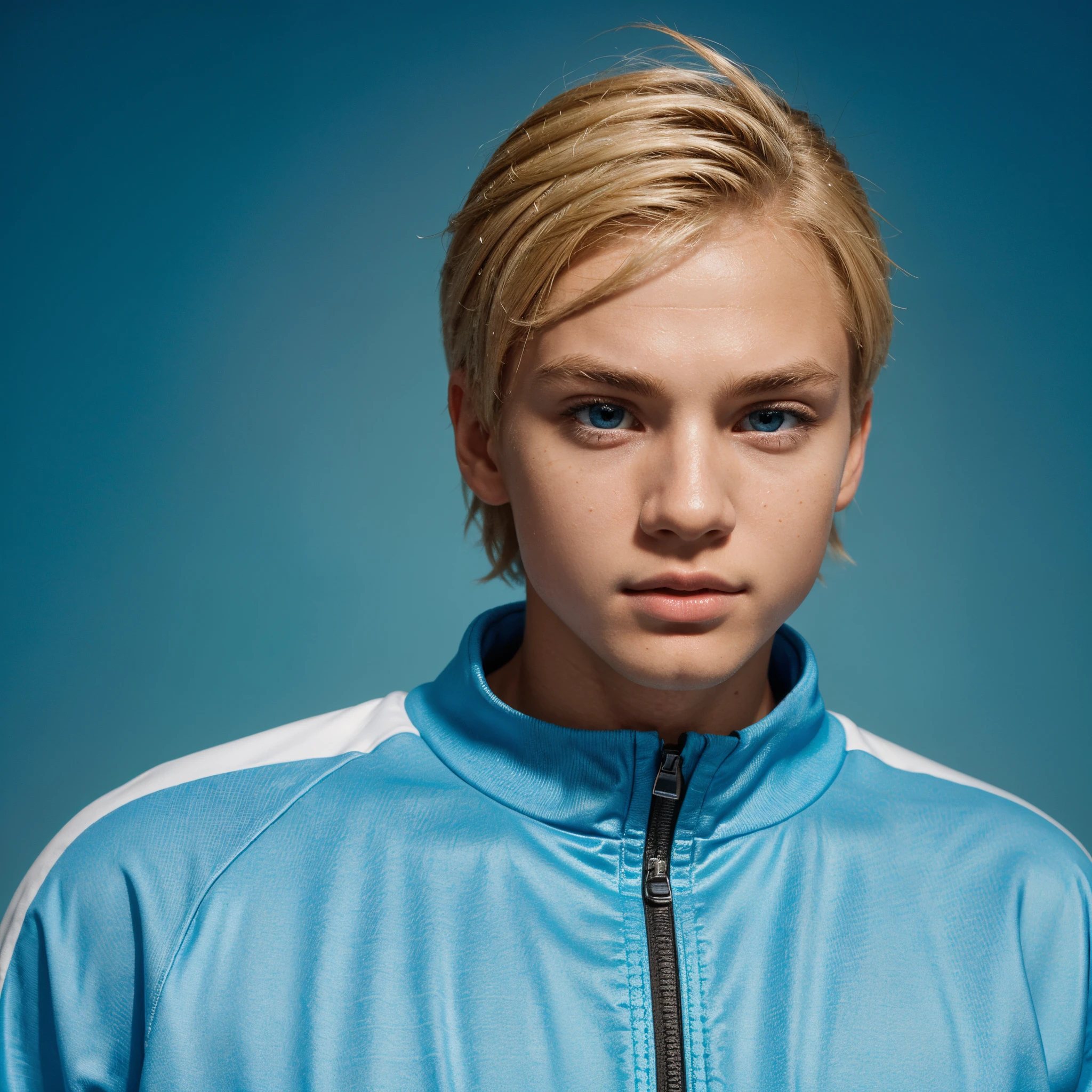 A boy with blonde hair and fair skin, wearing sporty clothes, with detailed face features and asymmetrical facial structure. His eyes are deep blue. The style of the artwork is inspired by Pixar animations, giving it a playful and vibrant aesthetic. The image should be created in 3D and have a cartoon-like quality. The resolution should be 16k, ensuring ultra-high definition and sharpness.