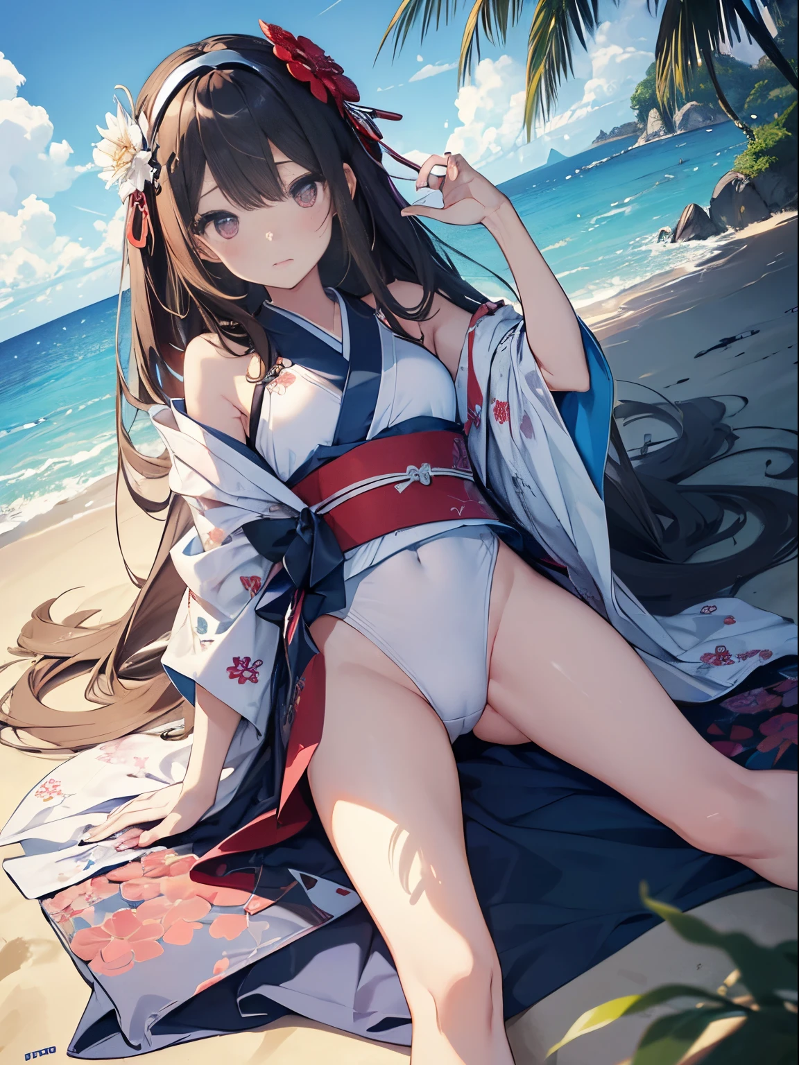 ((2D beautiful girl:1.5、top-quality:1.5、Perfect fingers:1.1、perfect anatomia:1.1、Dress perfectly、Beautiful illustration))、cute petit girl、(transform sequence)、((cute decorative headbands、Pretty kimono style swimsuit))、8ars old、Solio、Fractal Art、baace、(ight long hair))、Beautiful big drooping eyes、Red in the face and embarrassed、dismay、Slender and beautiful legs、(longshot)、((1 persons))、Against the background of blue sky and sandy beach、A dark-haired、full body photographed、The color of the costume is white and blue、