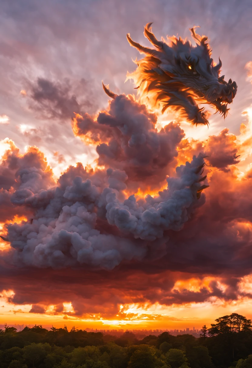 Cloud that looks like a Chinese Dragon illuminated by the rays of the setting sun