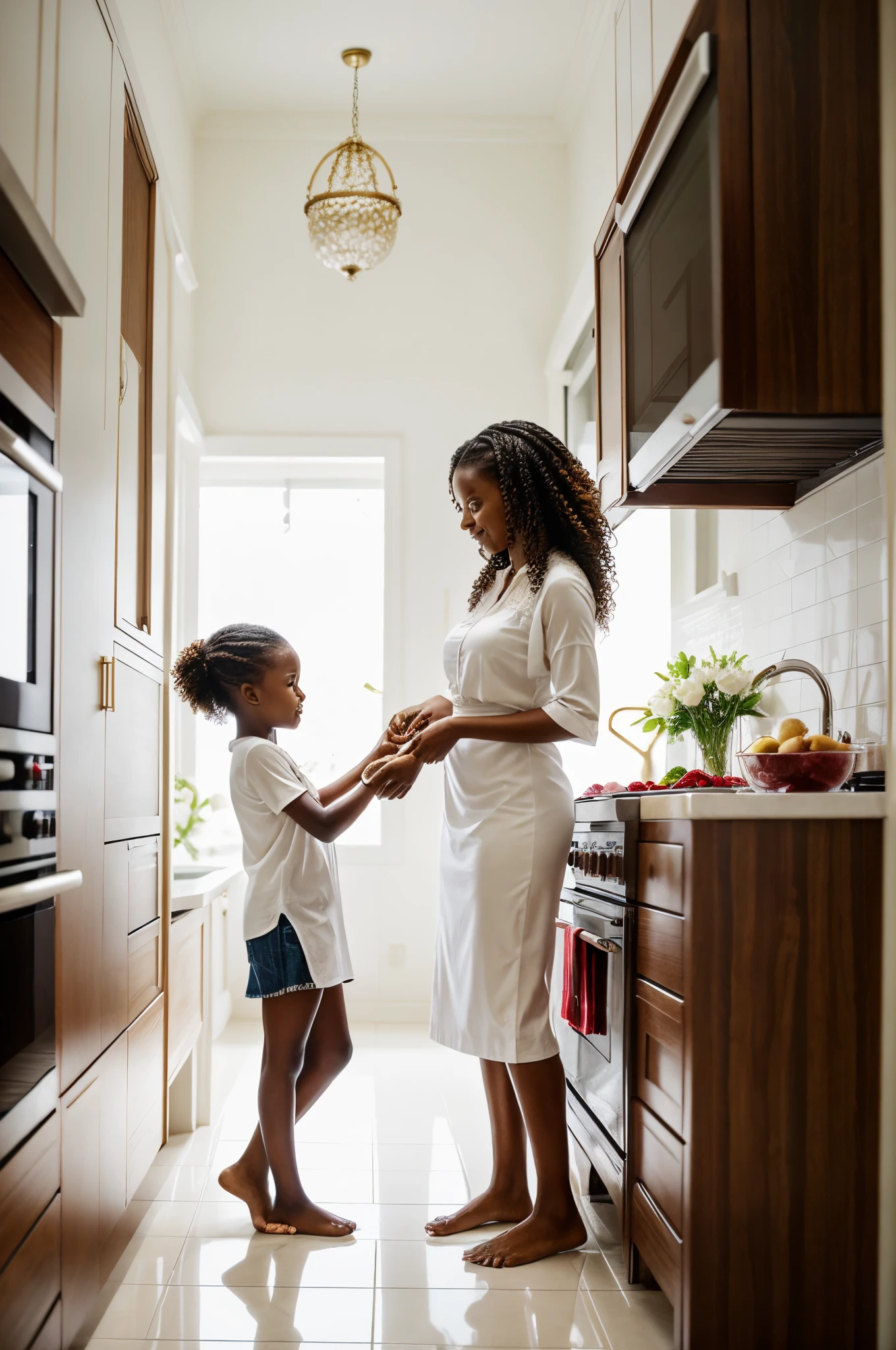 Mother and 11-year-old daughter of African descent, mother and 11 year old daughter, ****** de 11 anos, Com pele negra, mother and curly-haired daughter playing in a luxurious kitchen, The kitchen is all white with red details and accessories......., as duas usam um avental vermelho sobre a roupa branca e fazem um delicioso bolo de morango com chantily. The mother seems more mature, 40-year-old mother, filhas com 9 anos de idade e 11 anos de idade