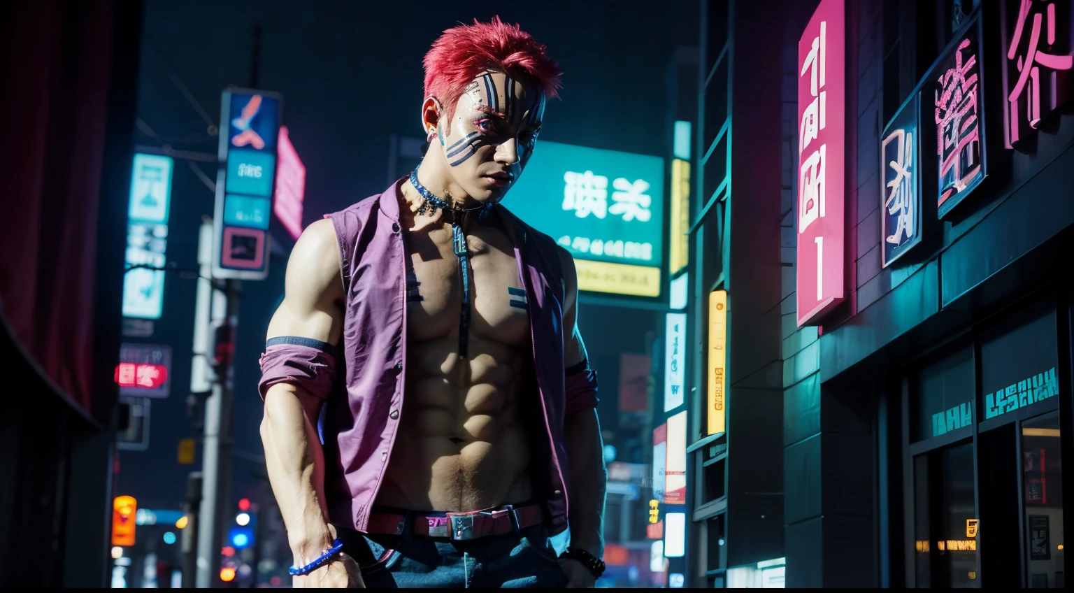 masterpiece,best quality,high quality,digital illustration,super detailed,vibrant colors,(cyberpunk style:1.2),akaza,neon lights,looking at viewer,cyberpunk city background,detailed background,neon aesthetics,perfect lighting,