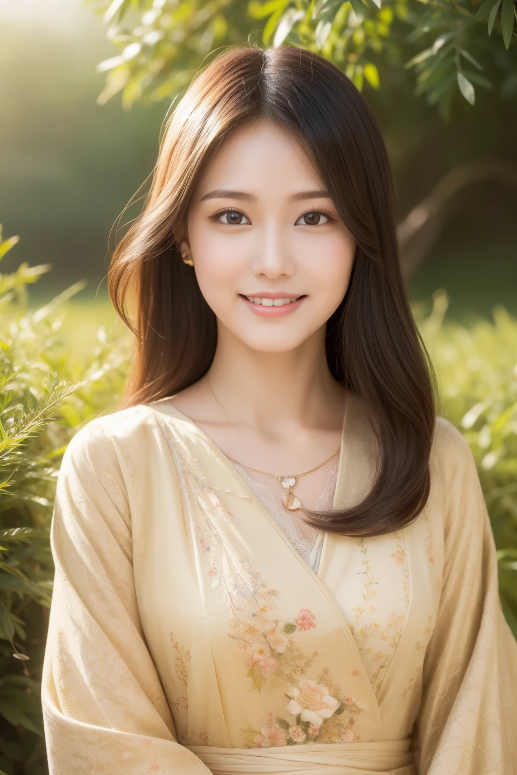Absurd, Ultra-detailed, High quality, masutepiece, Detailed face, Beautiful eyes(Detailed eyes), hestia, Goddess of the hearth and house, Gentle and elegant, The face exudes warmth and tenderness, It is said that he has kind and happy eyes.., maintain a calm and steady gaze, Black hair color , The golden hue of her hair is、Reflects her role as the goddess of the furnace , Falling into gentle waves, Hair is decorated with simple floral accents, The overall appearance is simple and discreet, The fabric of the clothes is normal、Gently drawn in earth colors, Beauty is not found in extravagant ornaments, Her smile is calm and welcoming、Taiwanese beauty、28-year-old beauty、Taiwanese national costume、in mountains、play with panda