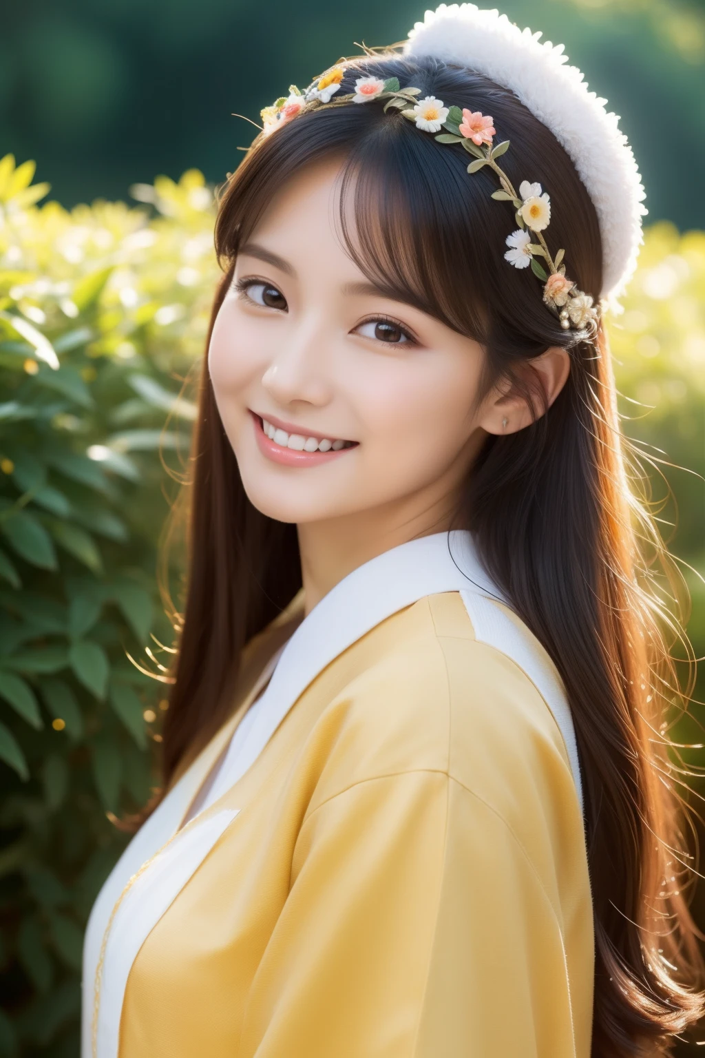 Absurd, Ultra-detailed, High quality, masutepiece, Detailed face, Beautiful eyes(Detailed eyes), hestia, Goddess of the hearth and house, Gentle and elegant, The face exudes warmth and tenderness, It is said that he has kind and happy eyes.., maintain a calm and steady gaze, Black hair color , The golden hue of her hair is、Reflects her role as the goddess of the furnace , Falling into gentle waves, Hair is decorated with simple floral accents, The overall appearance is simple and discreet, The fabric of the clothes is normal、Gently drawn in earth colors, Beauty is not found in extravagant ornaments, Her smile is calm and welcoming、Taiwanese beauty、28-year-old beauty、Taiwanese national costume、in mountains、play with panda