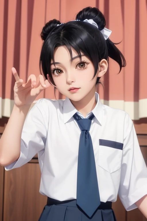 Masterpiece, best quality, tenten, black hair, anime style, animation style, wearing indonesian high school uniform, blue necktie, white shirt