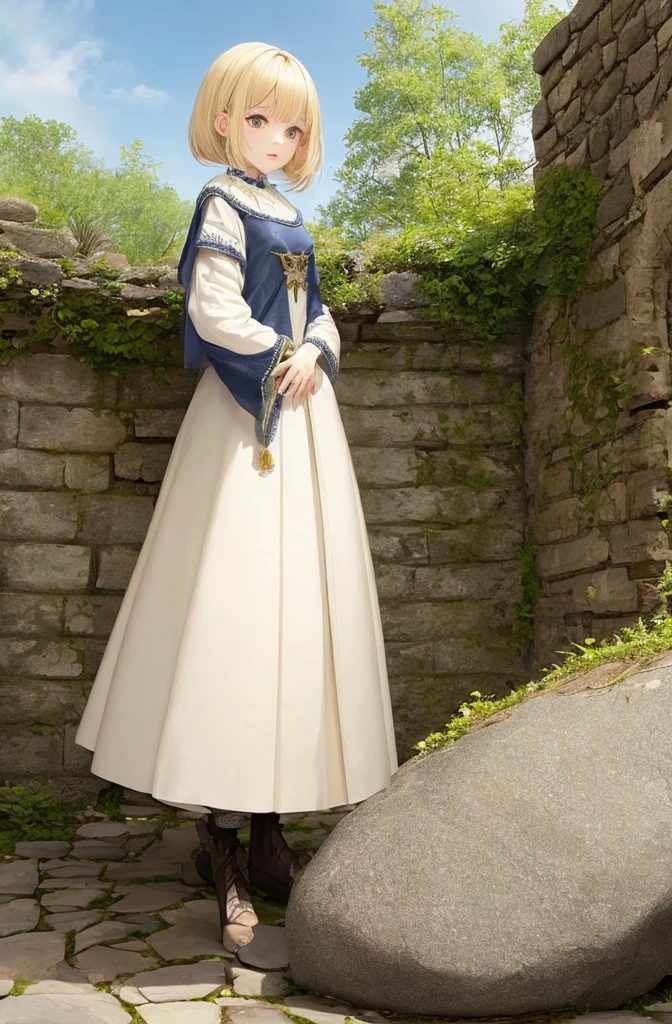 blonde woman kawaii Medieval dresses With a stone wall in the background