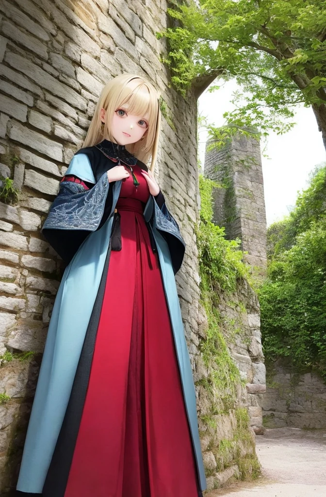 blonde woman kawaii Medieval dresses With a stone wall in the background