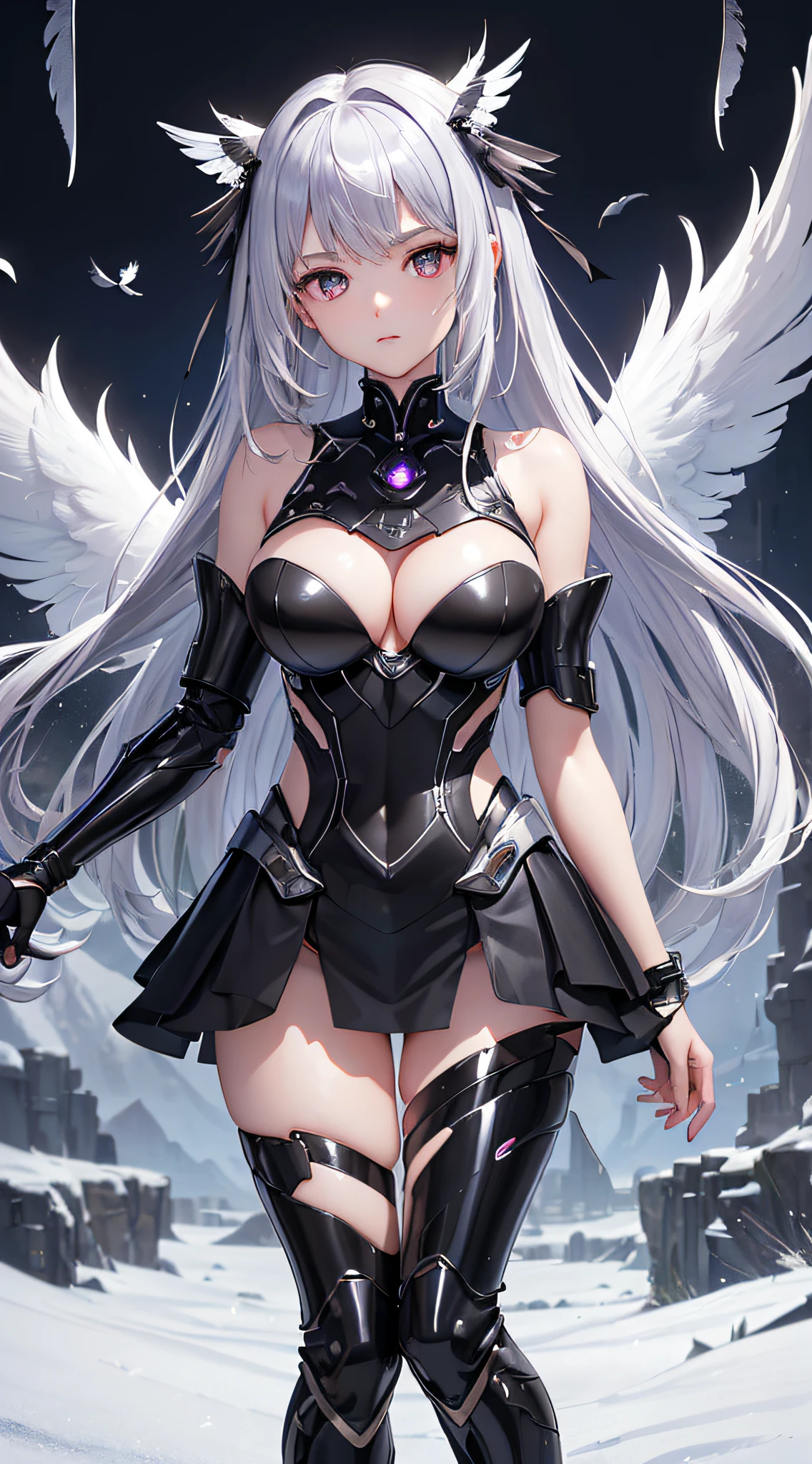top-quality、Top image quality、masterpiece、girl with((Silver and black mechanical body armor、silver mechanical arm、silver leg arms、Shining red body line、sixteen years old、 ager、cute little、Best Bust、big bast,Beautiful shining purple eyes、Breasts wide open, white hair、black mechanical wings,Longhaire、A slender,Large valleys、belligerent movements)),hiquality、Beautiful Art、Background with((Midnight City、murky、fluttering white feathers)))、,masutepiece、depth of fields,Cinematic style