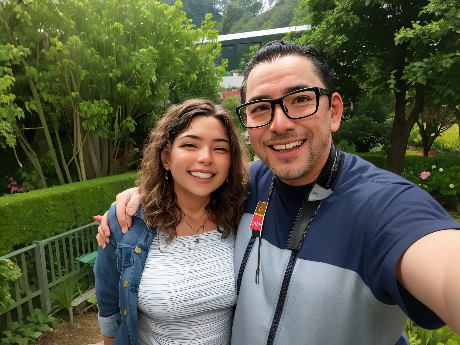 there is a man and a woman taking a selfie in a garden, Standing in a botanical garden, Foto tomada en 2 0 2 0, both smiling for the camera, Foto tomada en 2018, taken in the early 2020s, en jardines de marihuana, Foto de vacaciones, 8k selfie photograph, in garden, Karla Ortiz