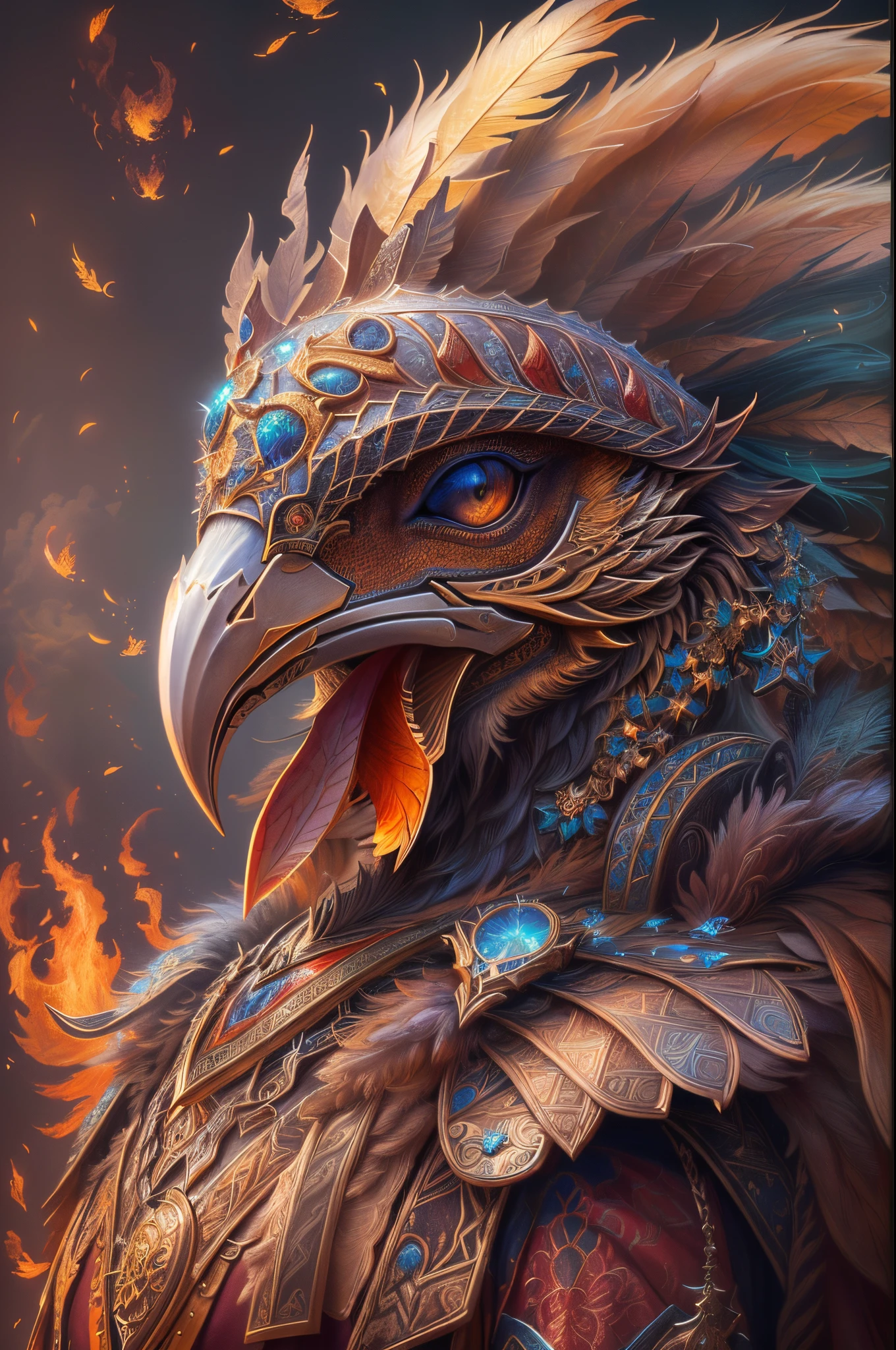 (best quality,4k,8k,highres,masterpiece:1.2),ultra-detailed,(realistic,photorealistic,photo-realistic:1.37),grateful Thanksgiving poster,(turkey on fire),(detailed eyes),(gorgeous feathers),jeweled armor,fantastic art performance,4K highly detailed digital artwork,detailed digital two-dimensional fantasy art,Fantasy turkey concept portrait,beautiful digital artwork,8K high-quality detailed art,epic fantasy digital art style,Behance art competition winner,stunning digital illustration,detailed fantasy digital art