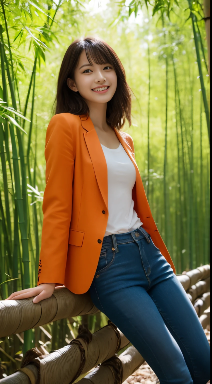 On a vibrant autumn afternoon，Figure 1 is from the highest quality 8K masterpiece.3，Shows a 19 year old girl。She is wearing an orange blazer and skinny jeans，Sitting quietly in the bamboo forest。Sunlight shines through mottled bamboo leaves，A layer of soft light and shadow enveloped her body。Her skin looks fairer in the sun，Contrast with orange blazer。 from this angle，we can see the girl&#39;of the whole body。She is slim and healthy，This sportswear suits her figure very well，show her energetic image。Her legs spread naturally，Cross your hands at your waist，appear confident and powerful。 That girl&#39;The eyes are bright and determined，smiling and looking into the camera，It seems to be telling a story about struggle and hard work.。Her smile is like the autumn sunshine shining in the bamboo forest，Make people feel the vitality of youth and vitality of life。in this picture，We seem to feel her inner determination and love for life。 Surrounded by dense bamboo forest，Abundant greenery，The river is gurgling，Create dynamic scenes with girls。This scene is like a passionate poem，Telling about the beautiful time in autumn afternoon。