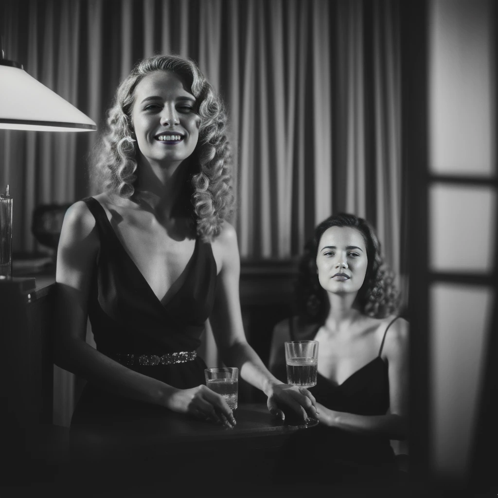 NoirStyle retro, cinematic, high contrast, spot light, dark shot, front shot, ((half body)), (1 girl), solo, black and white filmstill photo of a 25 y.o european blonde woman wearing elegant luxury sparkling black dress with ((jewels)),((sitting in a bar)), realistic perfect eyes,looks at viewer, flirting with the viewer, natural skin, skin moles, ((endless long extra long blonde curly hair: 1.32))), film noir style, (black and white filter: 1.2), ((monochrome tones)), heavy shadows, contrast lighting, ((soft light beam on her eyes: 1.32)), best smile, angelic flawless face,point of view variations, dynamic composition, cinematic shot, cinematic lighting,heavy shadows, soft backlight on hair, Nuclear Film Noir 40s movies film still, film grains,foggy atmosphere, bokeh