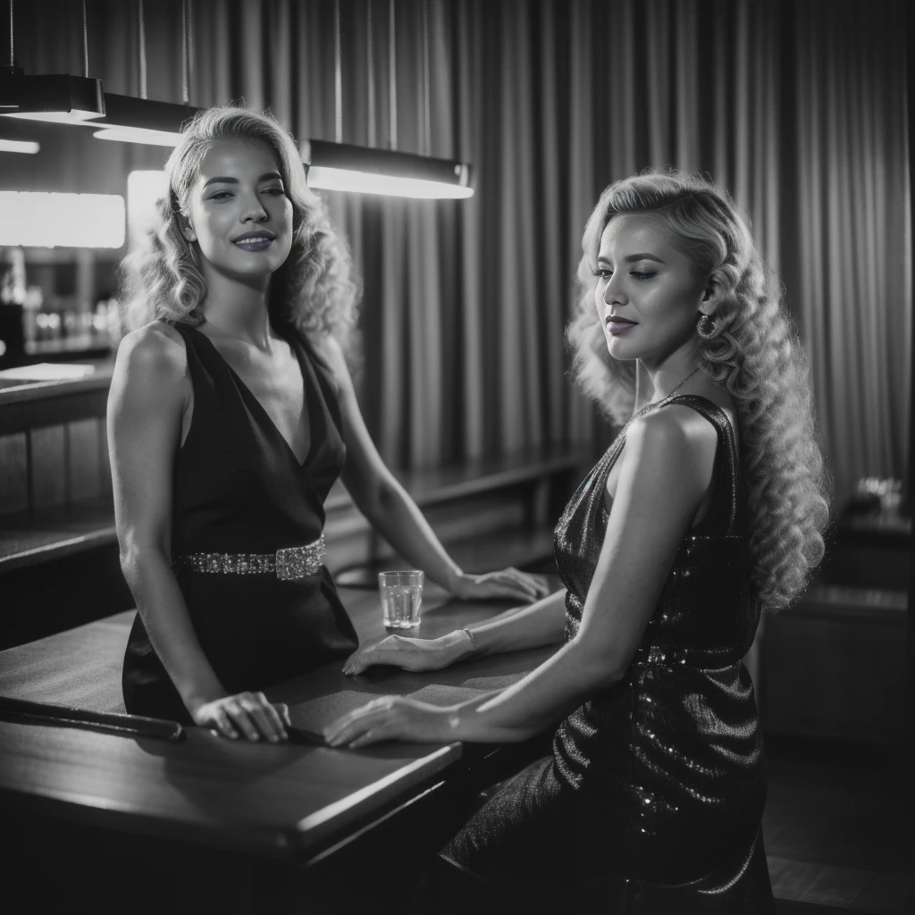 NoirStyle retro, cinematic, high contrast, spot light, dark shot, front shot, ((half body)), (1 girl), solo, black and white filmstill photo of a 25 y.o european blonde woman wearing elegant luxury sparkling black dress with ((jewels)),((sitting in a bar)), realistic perfect eyes,looks at viewer, flirting with the viewer, natural skin, skin moles, ((endless long extra long blonde curly hair: 1.32))), film noir style, (black and white filter: 1.2), ((monochrome tones)), heavy shadows, contrast lighting, ((soft light beam on her eyes: 1.32)), best smile, angelic flawless face,point of view variations, dynamic composition, cinematic shot, cinematic lighting,heavy shadows, soft backlight on hair, Nuclear Film Noir 40s movies film still, film grains,foggy atmosphere, bokeh