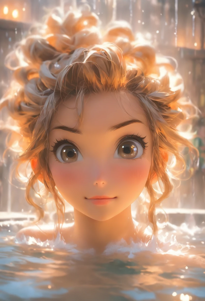 Realistic background blur that looks like it was taken with a high-performance camera.、Please provide high quality illustrations.....。A beautiful girl soaking in a hot spring with a relaxed expression.、The steam rising from the bathtub is beautifully depicted......。Attention to detail in hair and skin、Enjoy the natural texture。To convey the atmosphere of a hot spring area、Please draw the surrounding scenery and hot spring facilities......。Highlight that beautiful girls are wearing bikinis、Please draw an illustration that takes advantage of her charm......。"