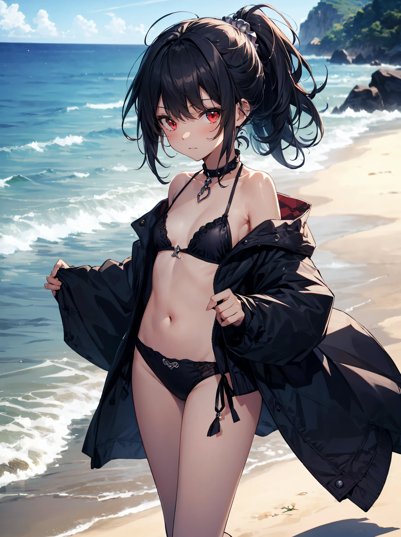God quality, anime moe artstyle,best anime 8k konachan wallpaper,badass anime 8k,perfect anatomy, (Please draw A girl in a off shoulder bikini walking on the beach.),break, 1girl, (Solo,,child,12-year-old:1.3),(dark tan skin), Full limbs, complete fingers, long hair, silver hair, androgynous charm,flat chest, Small butt, groin, Small eyes,finely 8k detailed beautiful red eyes, Ponytail, anklet, sun hat, in the rural beach. break,ultra-detailed,high resolution,super detailed skin, professional lighting,(sexual illustration:1.2),