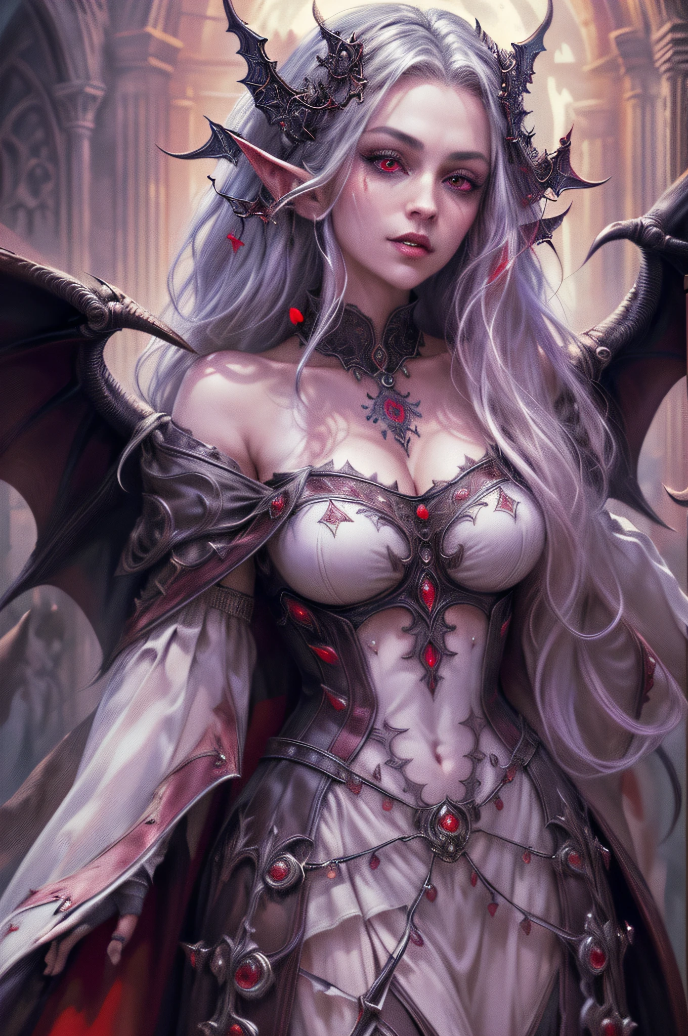 arafed, dark fantasy art, gothic art, (masterpiece:1.5), full body best details, highly detailed, best quality, highres, full body portrait of a vampire, elf (1.6, Masterpiece, best quality), ultra feminine (1.4 intricate details, Masterpiece, best quality) with a long curvy hair, white  hair, red eyes (1.3 fantasy art, Masterpiece, best quality), ((beautiful delicate face)), Ultra Detailed Face (1.4 intricate details, fantasy art, Masterpiece, best quality), [visible sharp vampiric fangs] (1.6 intricate details, fantasy art, Masterpiece, best quality), [anatomically correct] red cloak, flowing cloak (1.4 intricate details, fantasy art, Masterpiece, best quality), wearing an intricate leather [white] dress (1.4 intricate details, gothic art, Masterpiece, best quality), high heeled boots, blood dripping on lips, urban background (intense details, beat details), fantasy, at night light, natural ,moon light, soft moon light, moon rays, clouds, gothic atmosphere, gothic street background, bats flying in background, soft light, dynamic light, [[anatomically correct]], high details, best quality, 8k, [ultra detailed], masterpiece, best quality, (extremely detailed), dynamic angle, ultra wide shot, RAW, photorealistic, zrpgstyle