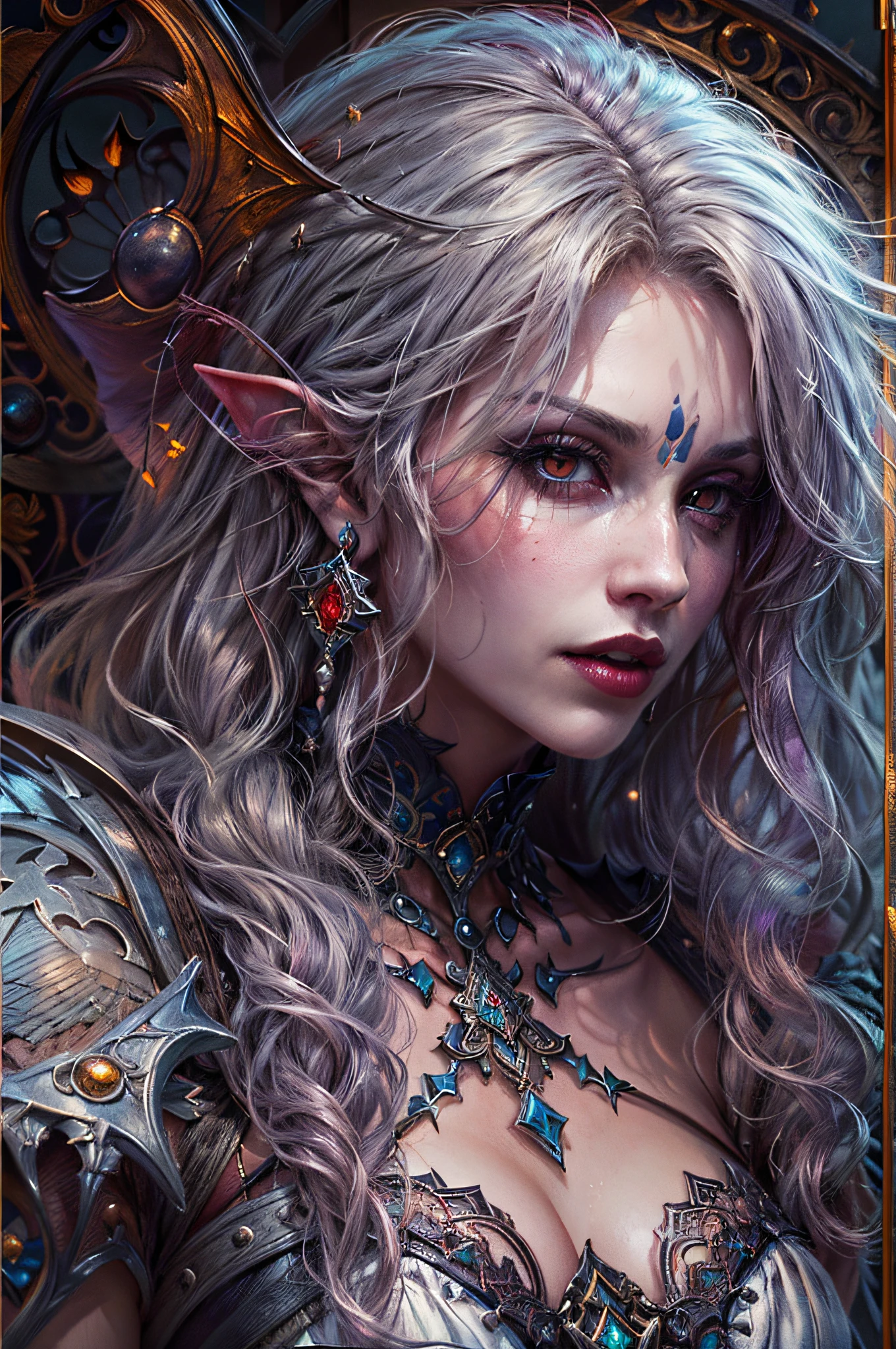 arafed, dark fantasy art, gothic art, (masterpiece:1.5), full body best details, highly detailed, best quality, highres, full body portrait of a vampire, elf (1.6, Masterpiece, best quality), ultra feminine (1.4 intricate details, Masterpiece, best quality) with a long curvy hair, white  hair, red eyes (1.3 fantasy art, Masterpiece, best quality), ((beautiful delicate face)), Ultra Detailed Face (1.4 intricate details, fantasy art, Masterpiece, best quality), [visible sharp vampiric fangs] (1.6 intricate details, fantasy art, Masterpiece, best quality), [anatomically correct] red cloak, flowing cloak (1.4 intricate details, fantasy art, Masterpiece, best quality), wearing an intricate leather [white] dress (1.4 intricate details, gothic art, Masterpiece, best quality), high heeled boots, blood dripping on lips, urban background (intense details, beat details), fantasy, at night light, natural ,moon light, soft moon light, moon rays, clouds, gothic atmosphere, gothic street background, bats flying in background, soft light, dynamic light, [[anatomically correct]], high details, best quality, 8k, [ultra detailed], masterpiece, best quality, (extremely detailed), dynamic angle, ultra wide shot, RAW, photorealistic, zrpgstyle