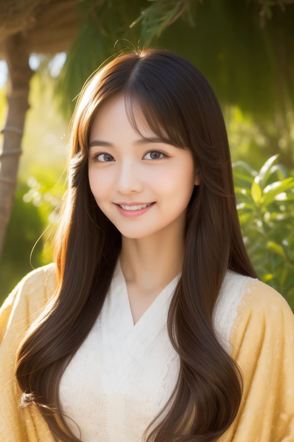 Absurd, Ultra-detailed, High quality, masutepiece, Detailed face, Beautiful eyes(Detailed eyes), hestia, Goddess of the hearth and house, Gentle and elegant, The face exudes warmth and tenderness, It is said that he has kind and happy eyes..., maintain a calm and steady gaze, Black hair color , The golden hue of her hair is、Reflects her role as the goddess of the furnace , Falling into gentle waves, Hair is decorated with simple floral accents, The overall appearance is simple and discreet, The fabric of the clothes is normal、Gently drawn in earth colors, Beauty is not found in extravagant ornaments, Her smile is calm and welcoming、28 year old beautiful woman、in mountains、filipino beauty,Philippine national costume
