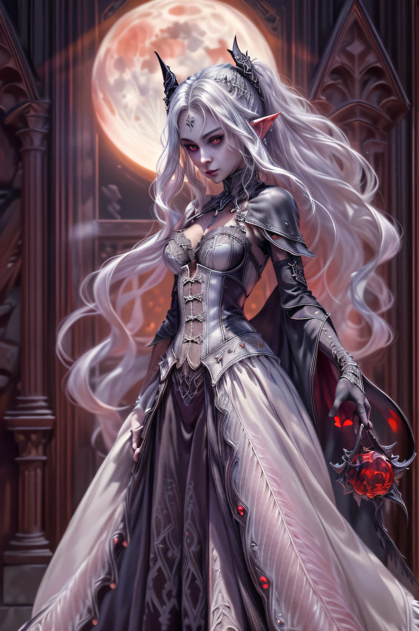 arafed, dark fantasy art, gothic art, (masterpiece:1.5), full body best details, highly detailed, best quality, highres, full body portrait of a vampire, elf (1.6, Masterpiece, best quality), ultra feminine (1.4 intricate details, Masterpiece, best quality) with a long curvy hair, white  hair, red eyes (1.3 fantasy art, Masterpiece, best quality), ((beautiful delicate face)), Ultra Detailed Face (1.4 intricate details, fantasy art, Masterpiece, best quality), [visible sharp vampiric fangs] (1.6 intricate details, fantasy art, Masterpiece, best quality), [anatomically correct] red cloak, flowing cloak (1.4 intricate details, fantasy art, Masterpiece, best quality), wearing an intricate leather [white] dress (1.4 intricate details, gothic art, Masterpiece, best quality), high heeled boots, blood dripping on lips, urban background (intense details, beat details), fantasy, at night light, natural ,moon light, soft moon light, moon rays, clouds, gothic atmosphere, gothic street background, bats flying in background, soft light, dynamic light, [[anatomically correct]], high details, best quality, 8k, [ultra detailed], masterpiece, best quality, (extremely detailed), dynamic angle, ultra wide shot, RAW, photorealistic, zrpgstyle