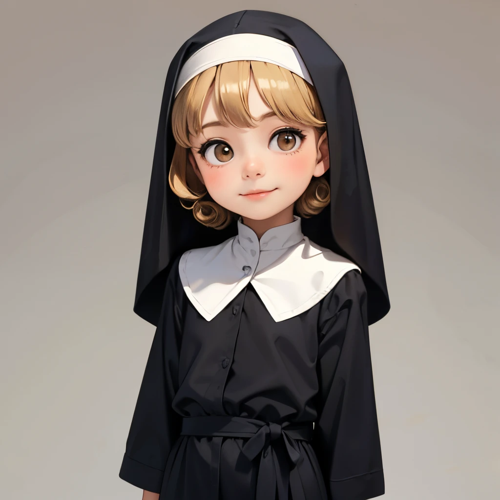 (ultra detailed),(high resolution),4k,fantasic background,standing,solo,Smile,closed mouth,(little toddler tiny innocent petit infant 8yo girl),curly hair golden colored curly hair,white skin, nun's veil,(slutty bitch prostitute costume),clothed