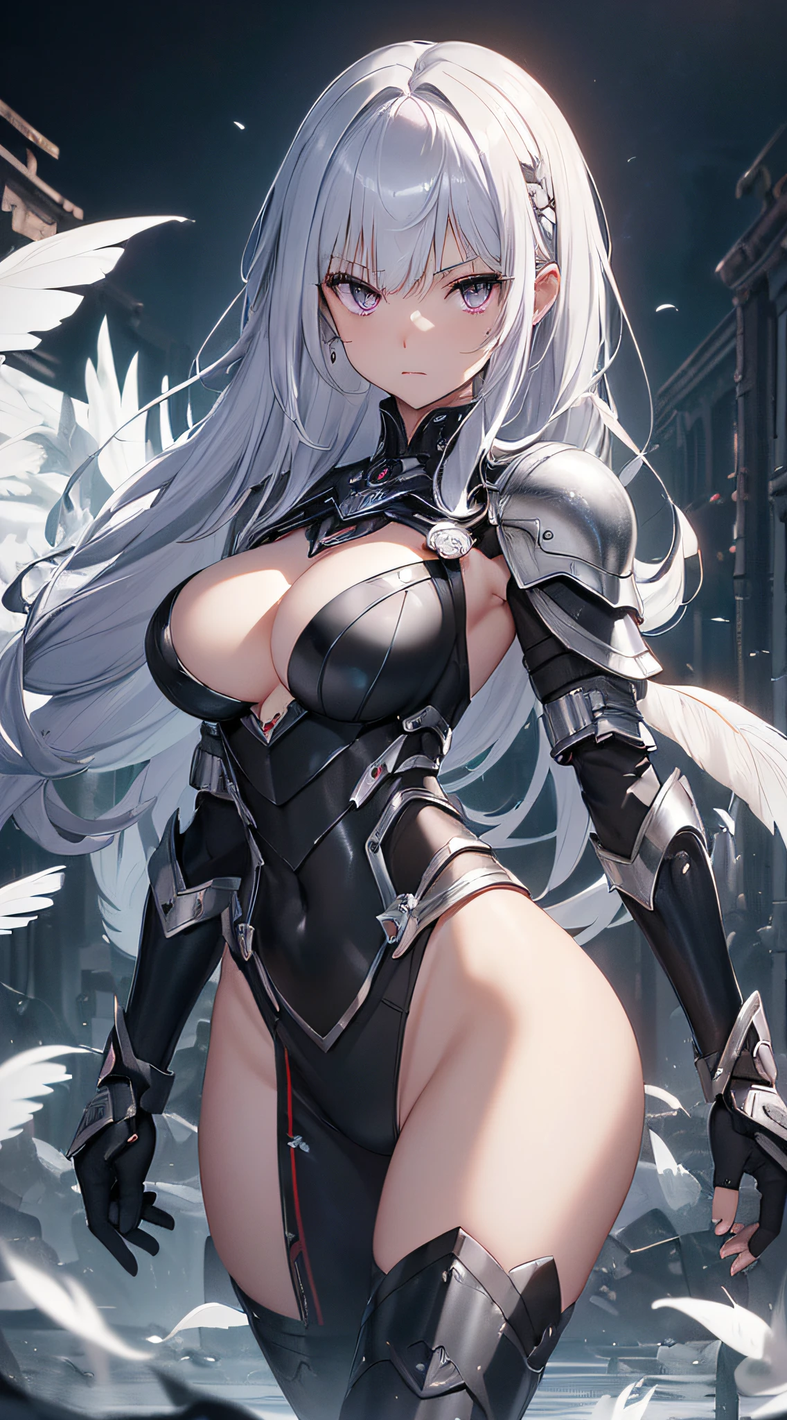 top-quality、Top image quality、masterpiece、girl with((Silver and black mechanical body armor、silver mechanical arm、silver leg arms、Shining red body line、sixteen years old、 ager、cute little、Best Bust、big bast,Beautiful shining purple eyes、Breasts wide open, white hair、black mechanical wing,Longhaire、A slender,Large valleys、belligerent movements,Holding a black sword)),hiquality、Beautiful Art、Background with((Midnight City、murky、fluttering white feathers)))、,masutepiece、depth of fields,Cinematic style