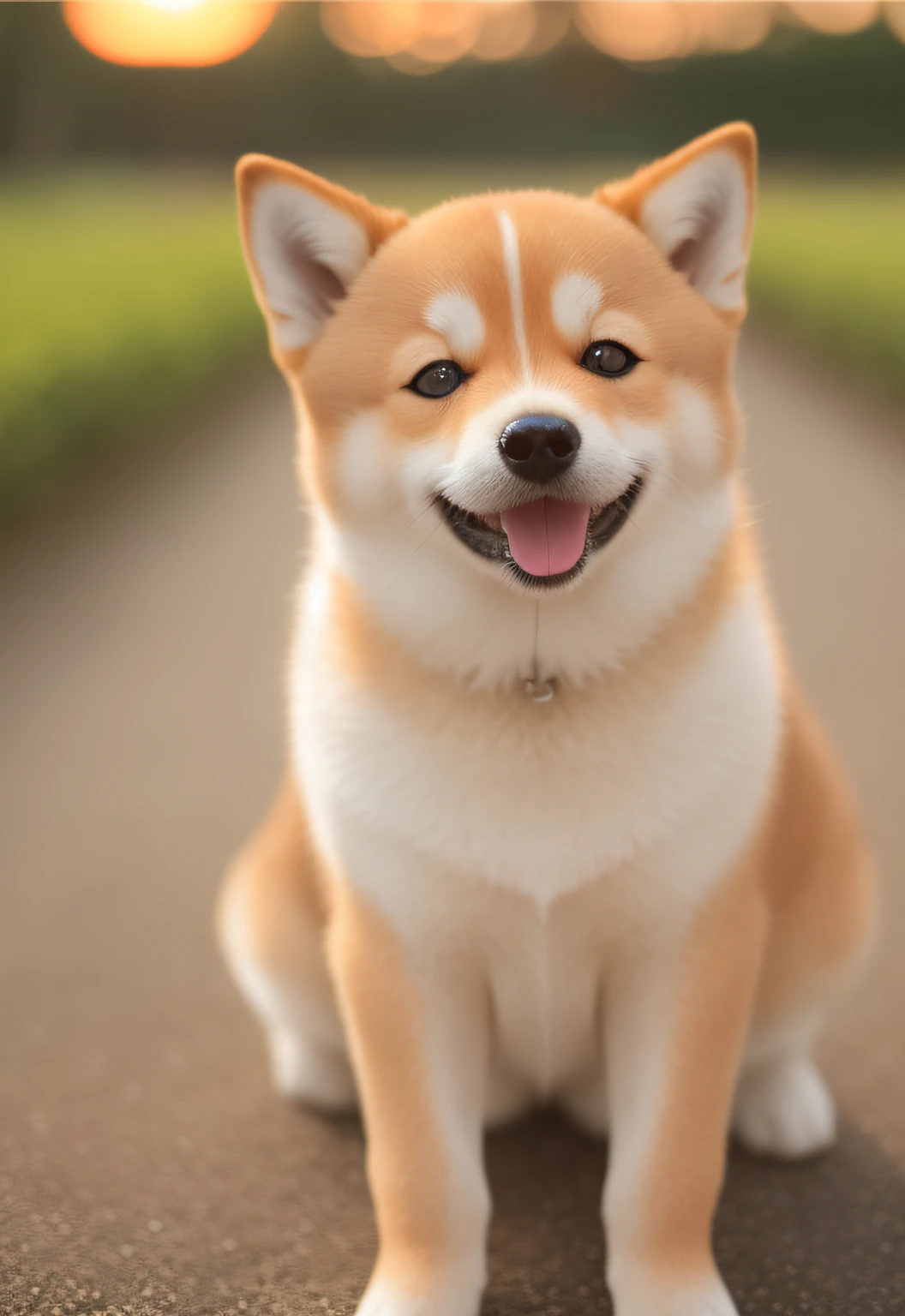 Close-up photo of a happy Shiba Inu face、the setting sun、80mm、F / 1.8、degrees of freedom、bokeh dof、depth of fields、Subsurface scattering、pointillism