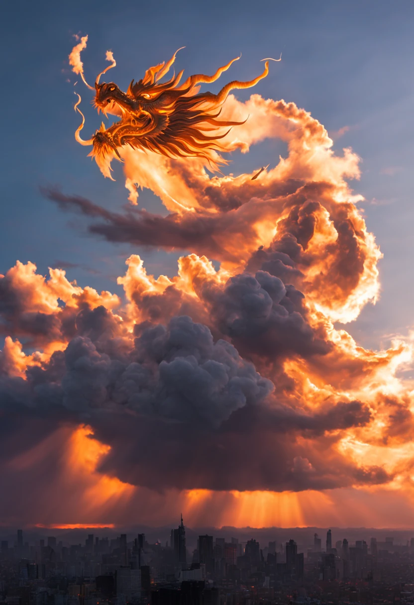 Cloud that looks like a Chinese Dragon illuminated by the rays of the setting sun