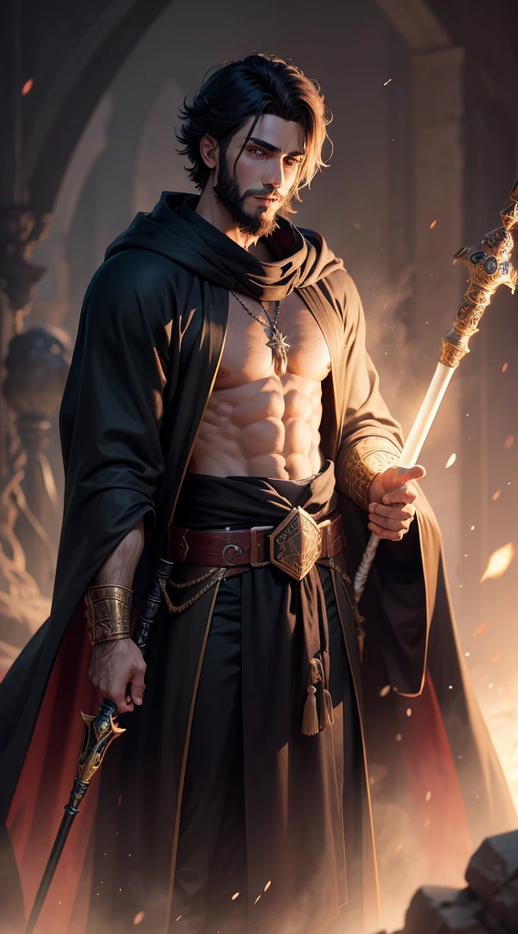 Real 8k images of men with arabic features, Wearing a mysterious RPG style robe, Scepter in hand, anime style art