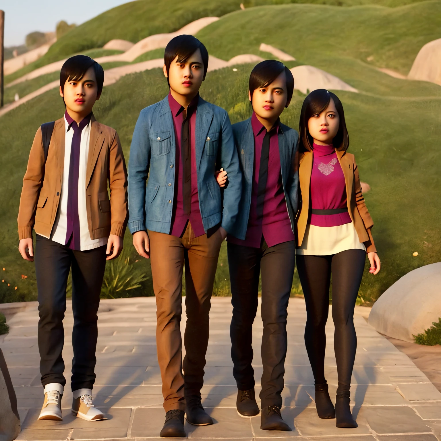 Girl and boy stand infront of bush and girl wearing brown and gray jacket and blue high west denim .. Boy's dress is black short and blue and white short hand shirt.. Boy and girl is lovely couple.. Girl's hair long her waist.. Boy and girl are close .. Boy puts an arm around the girl's waist and holds her in love