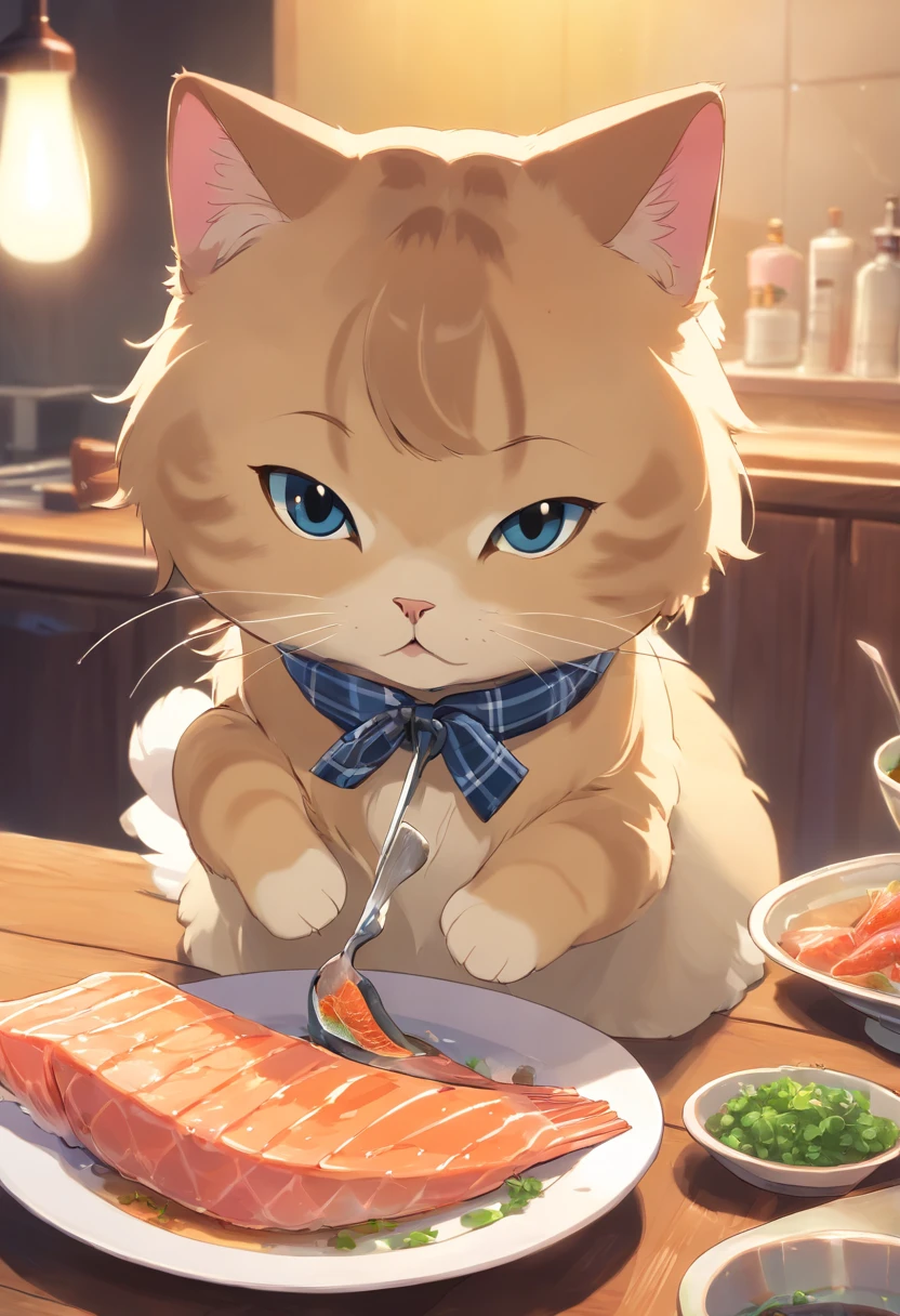Scottish fold cat eating fish steak