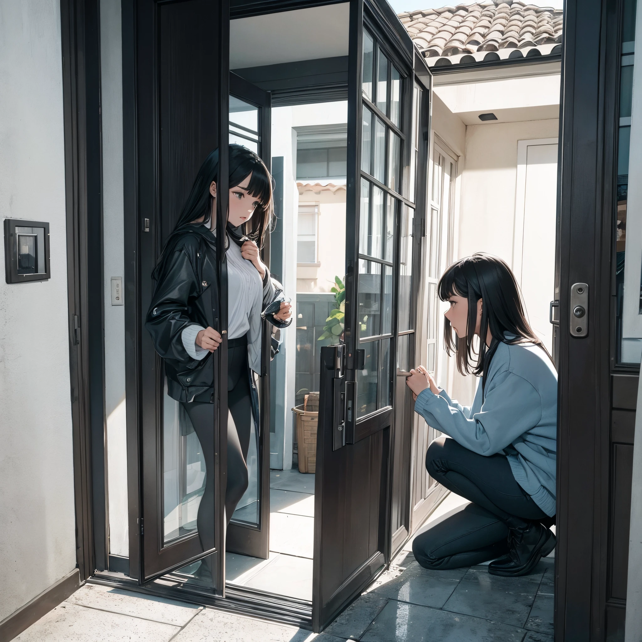 casa；Woman scolds；The man is kneeling outside the door，Underwear rain