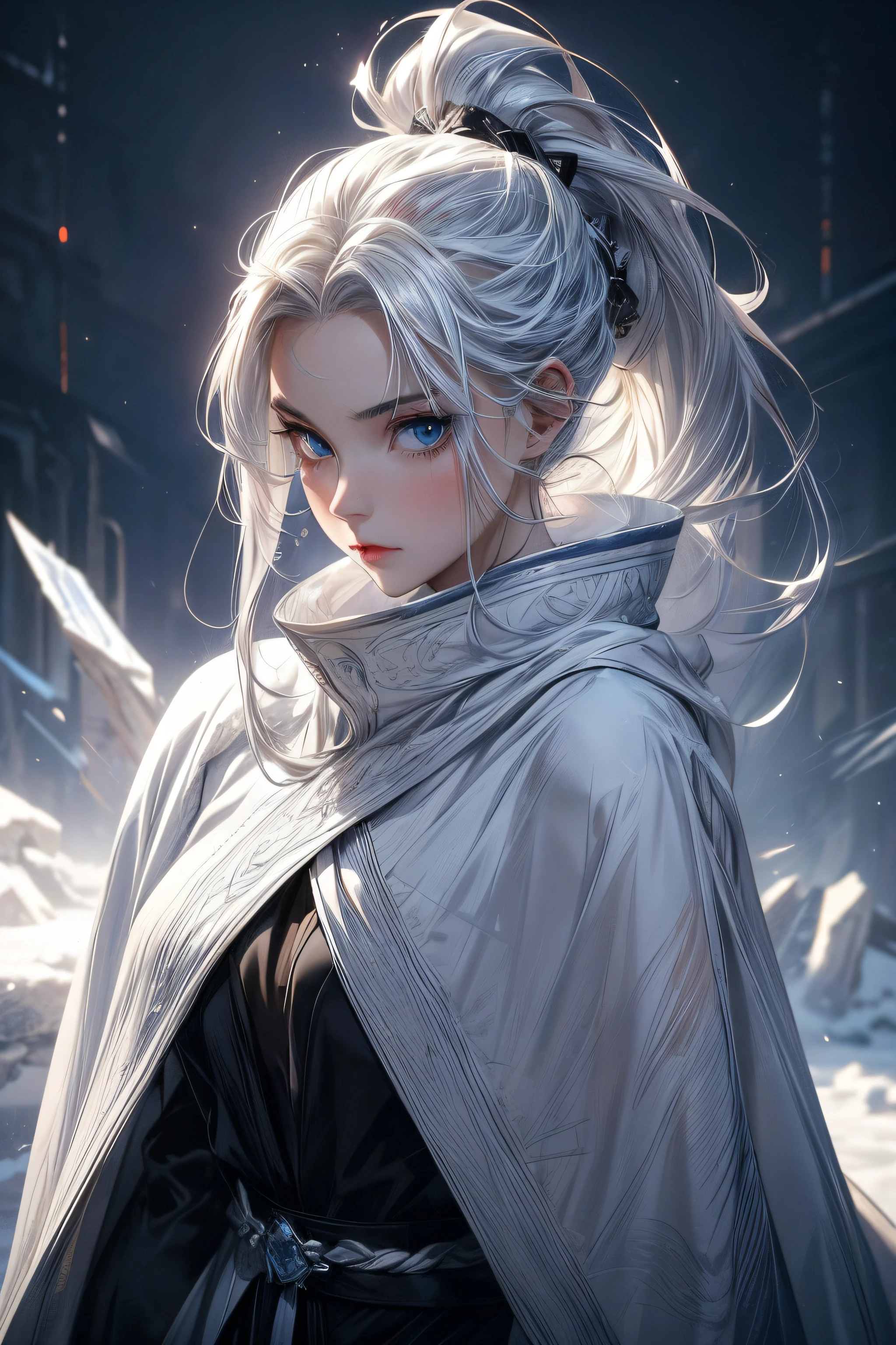 a woman, young, 19 years old, ponytail white hair, skin as white as snow, cold gaze, blue eyes like crystal, white clothes, black robe, cape, half body, background with blue lights.