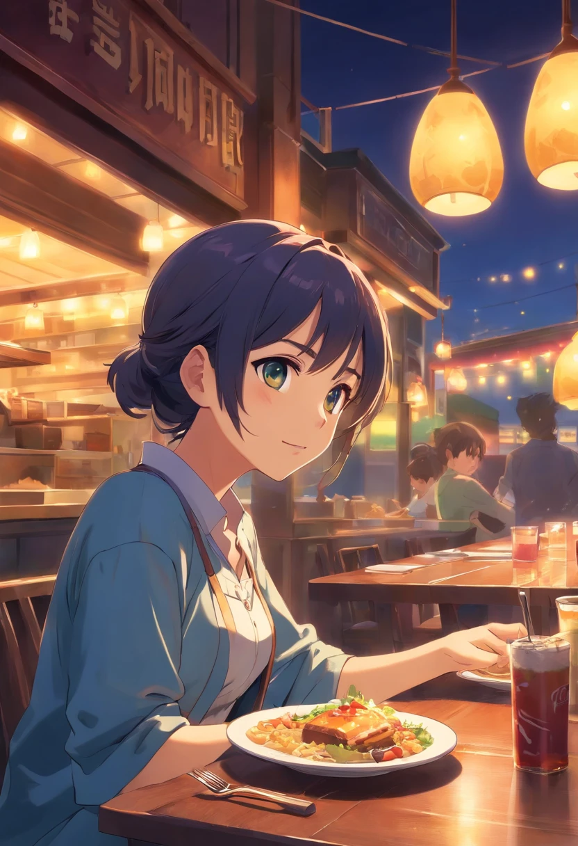 girl, Eat western food in a western restaurant, lamplight,